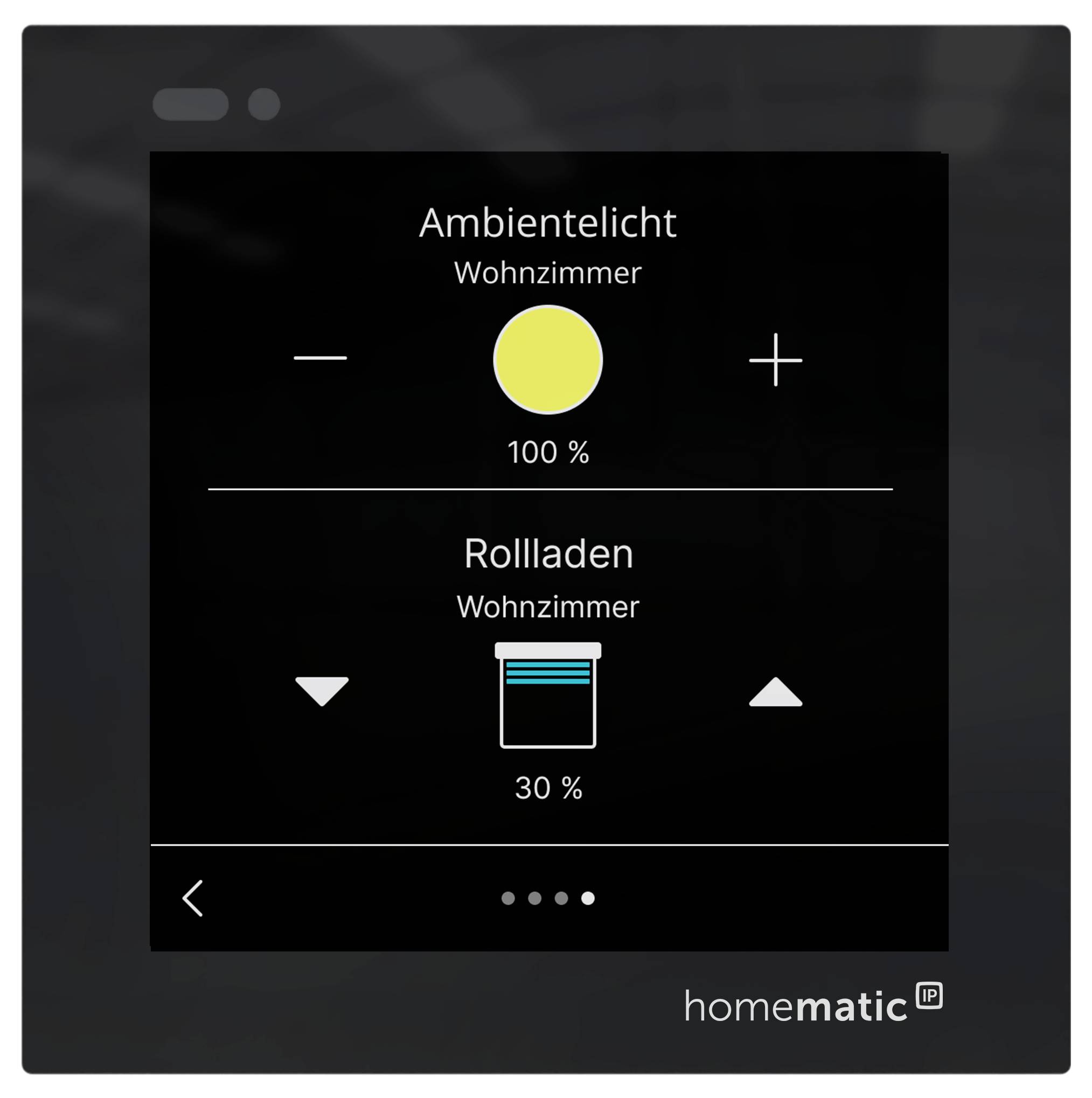 Homematic Smarthome-Steuerbildschirm auf Deutsch, der das Wohnzimmerlicht auf 100% und die Jalousien auf 30% zeigt, mit Minus-, Plus- und Auf-/Ab-Steuerelementen.