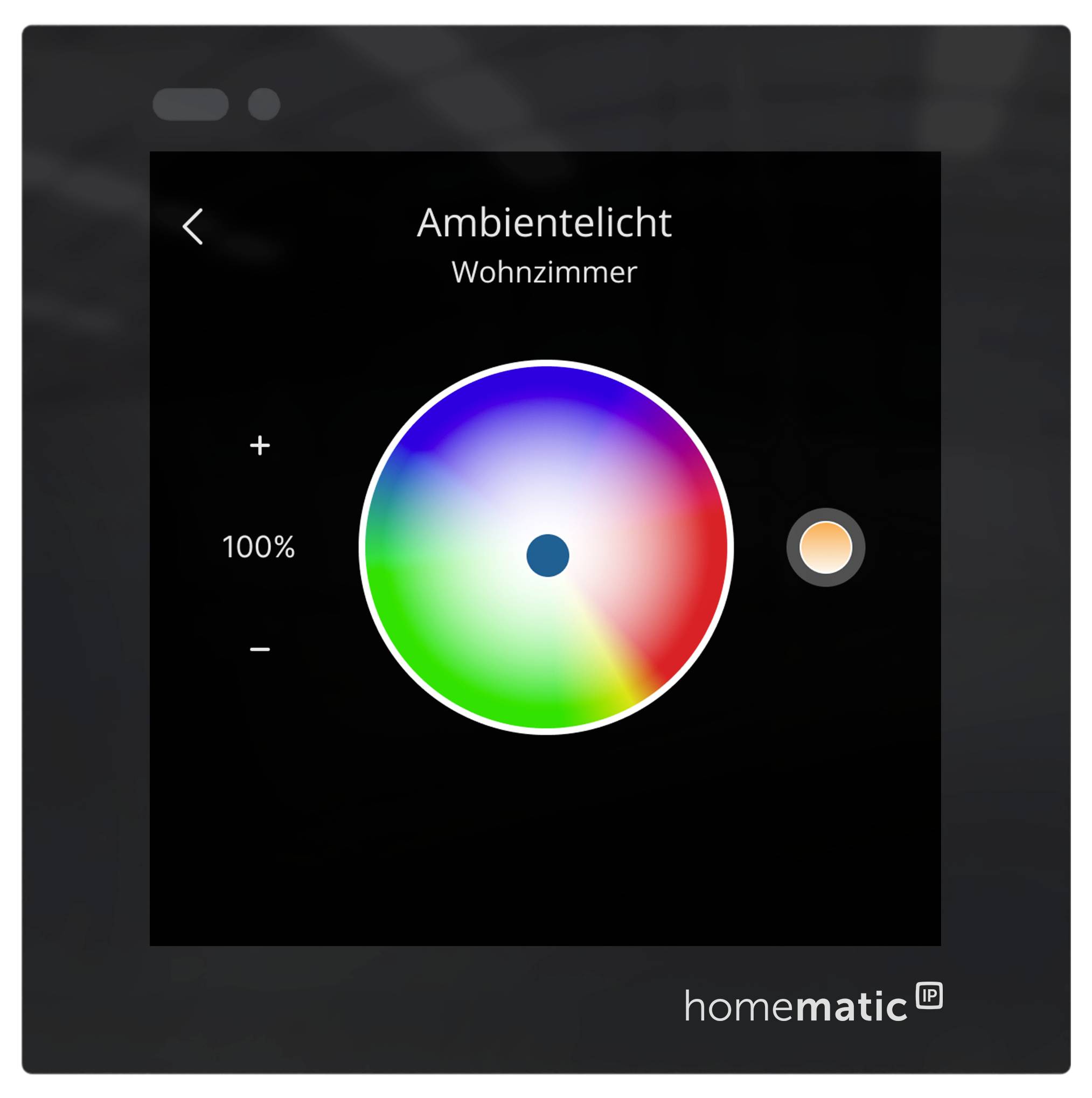 Intelligentes Wohnzimmer-Beleuchtungskontrollfeld mit der Bezeichnung „Ambientelicht", das ein Farbrad und die Helligkeit auf 100 % eingestellt zeigt.