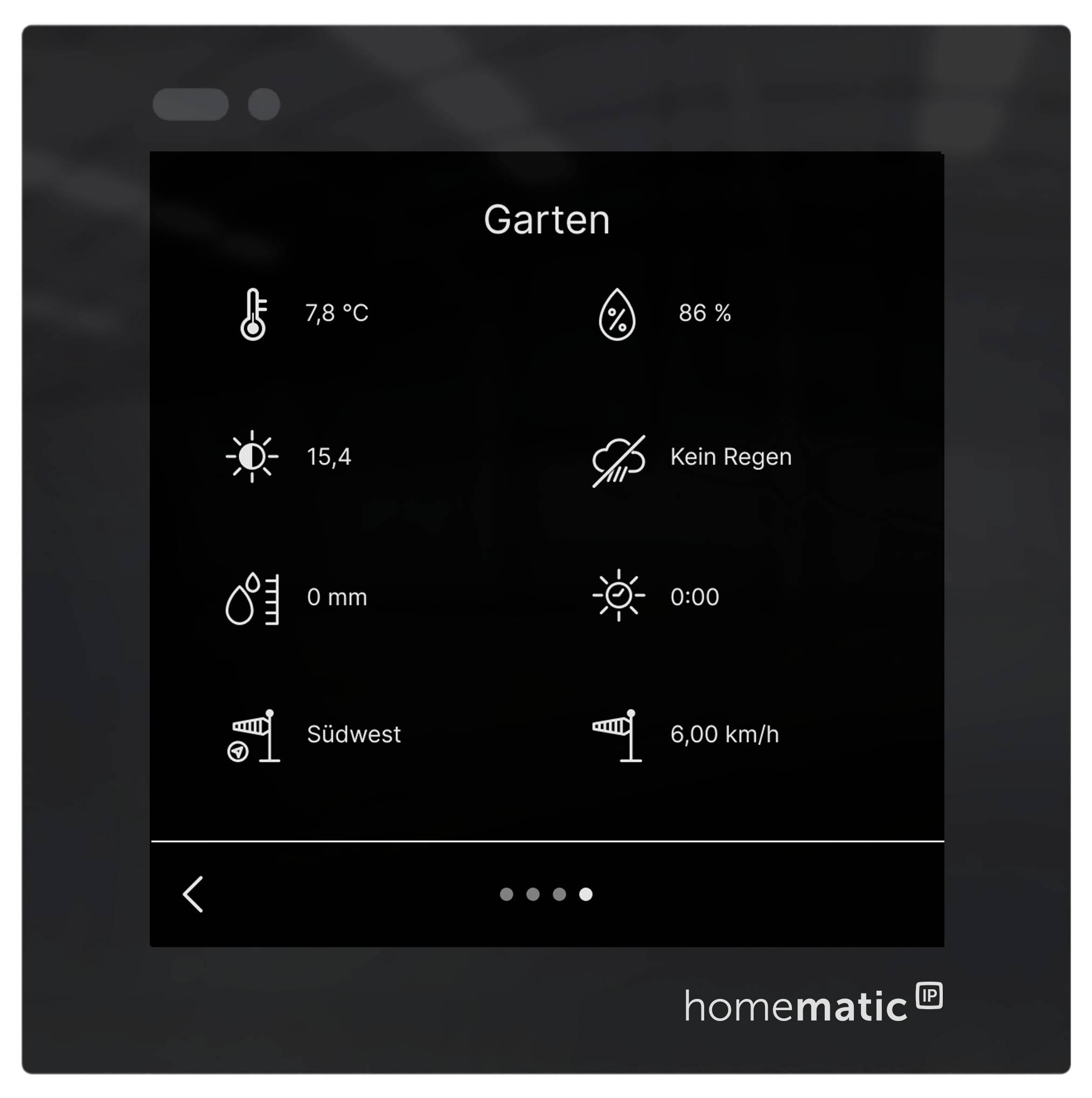 HomeMatic Wetterbildschirm für 'Garten' zeigt 7,8°C, 86% Luftfeuchtigkeit, 15,4, kein Regen, 0 mm, 0:00, Südwestwind mit 6,00 km/h.