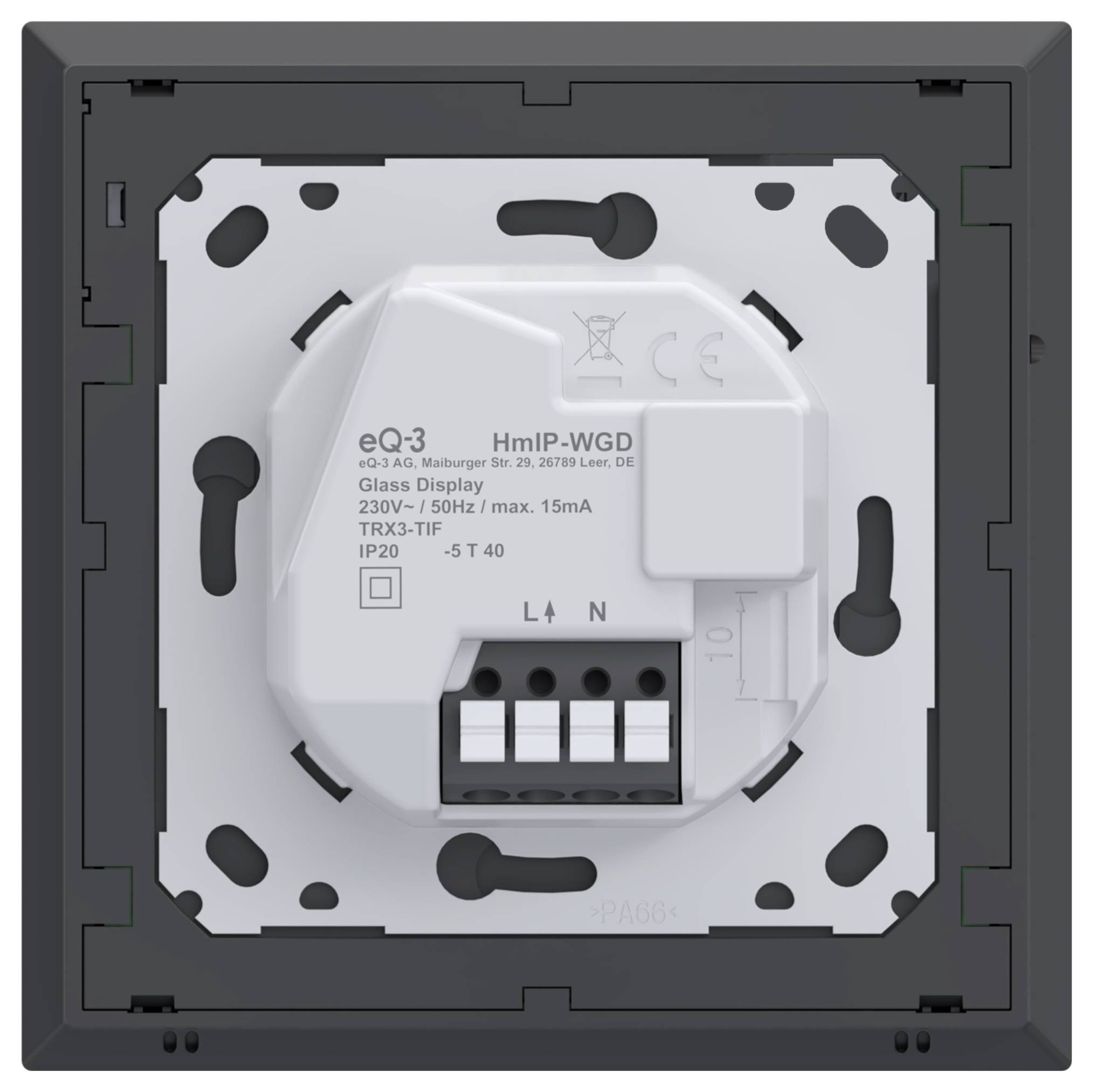 Wandmontiertes eQ-3 Glausdisplay-Thermostat/Steuermodul mit Anschlussklemmen und Gerätebezeichnungen auf einem schwarzen Befestigungsrahmen.