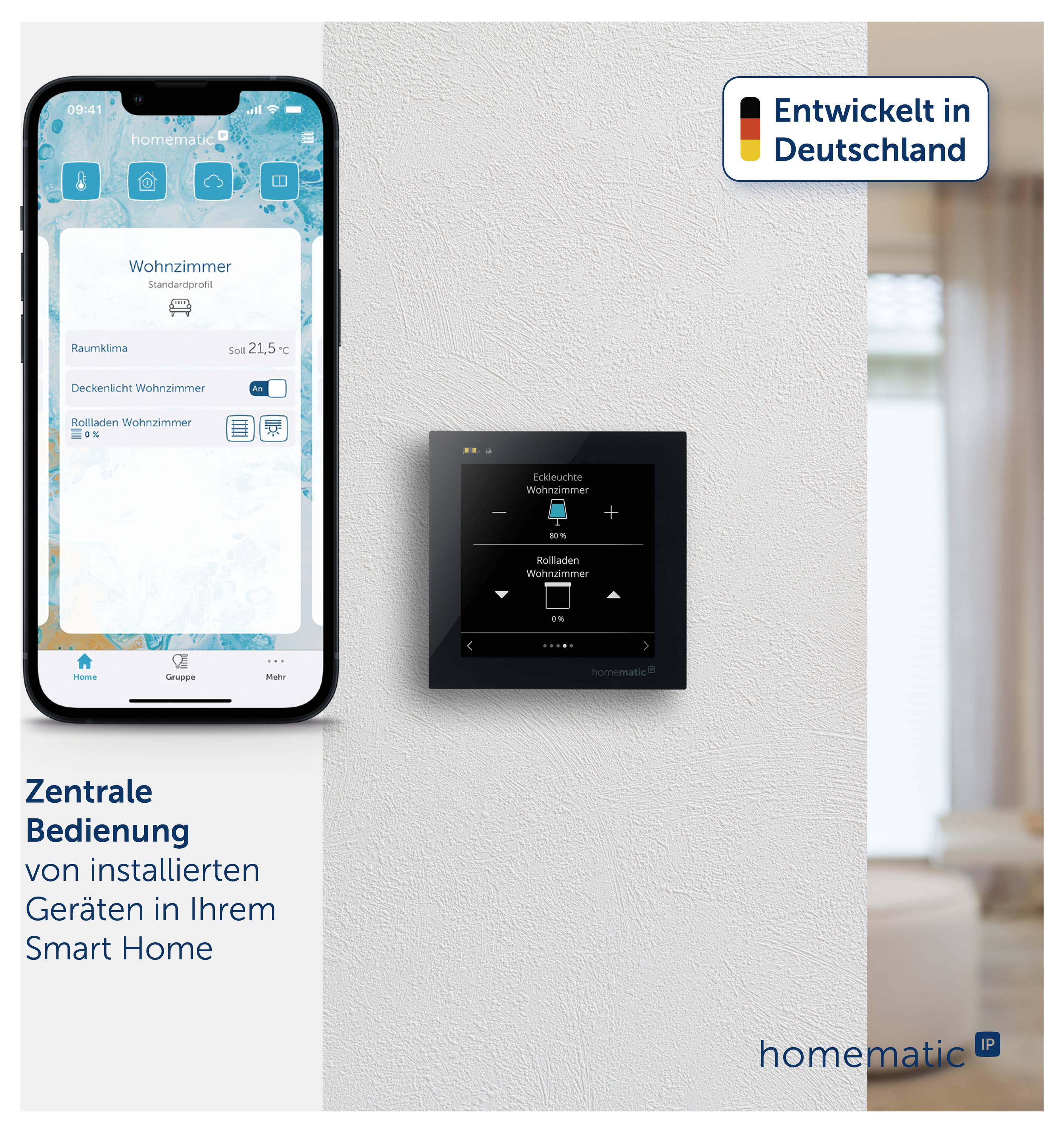 Intelligente Hausautomation-Konzept, das eine Telefon-App und einen Wandbildschirm zur Steuerung von Haushaltsgeräten zeigt, mit deutschem Text „Zentrale Bedienung von installierten Geräten in Ihrem Smart Home".