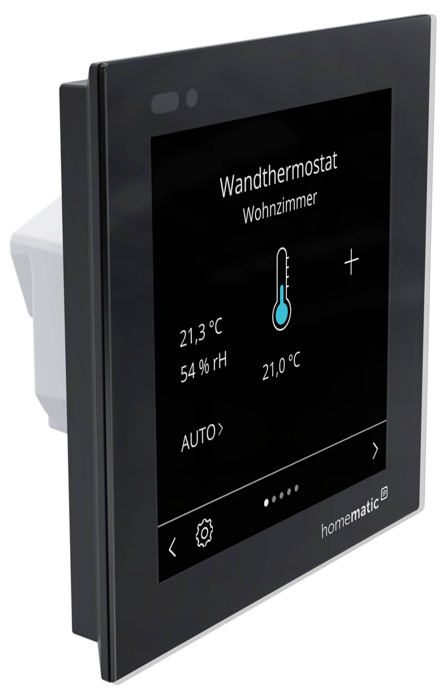 Rückansicht eines eQ-3 Glasdisplays plus wandmontiertem Gerät mit Befestigungsrahmen, Anschlussklemmen L und N sowie Verdrahtungsverbinder