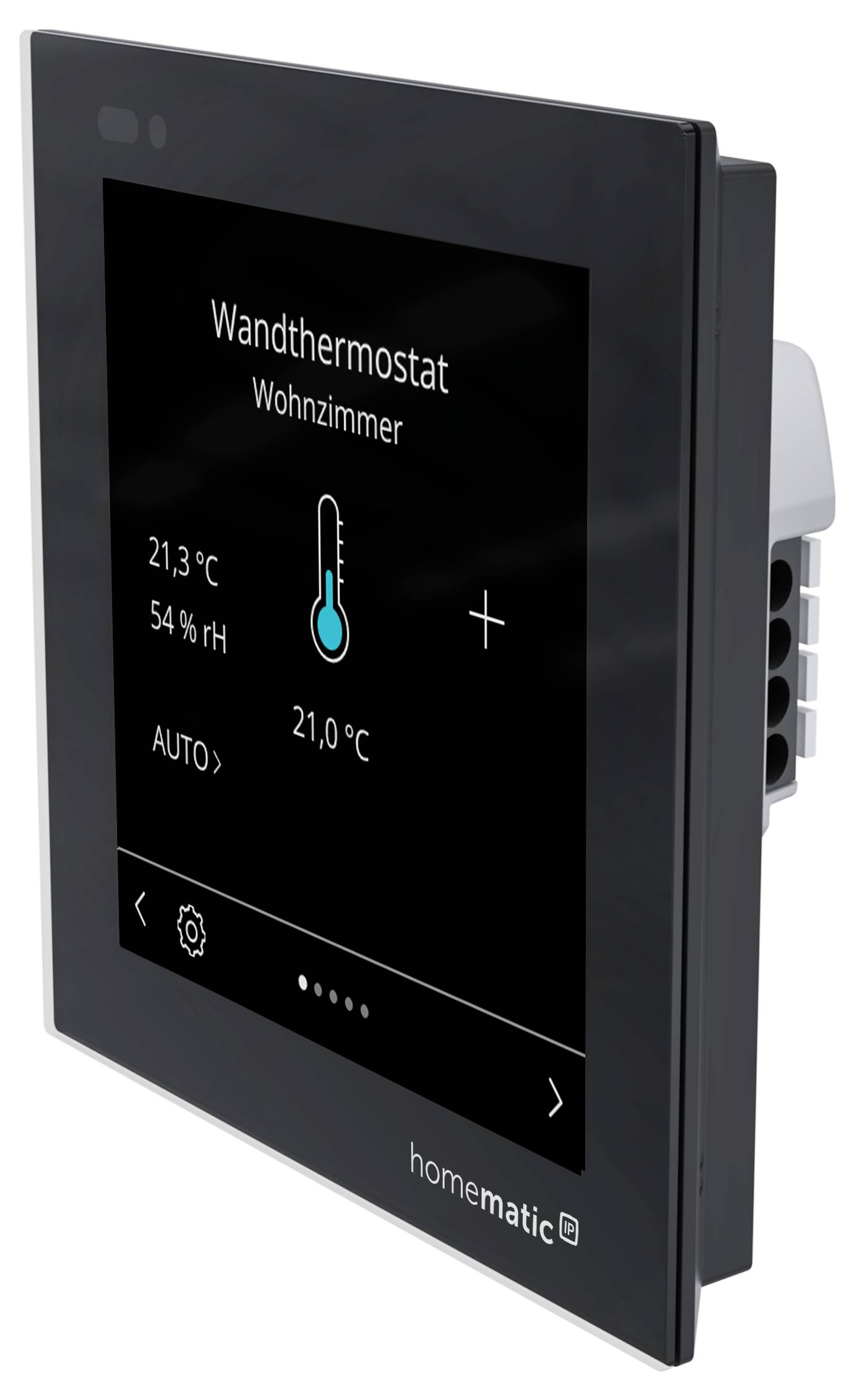 Ein schwarzes Wandthermostaten-Touchpanel zeigt "Wandthermostat Wohnzimmer", Raumtemperatur 21,3°C, Luftfeuchtigkeit 54% rH und Sollwert 21,0°C.