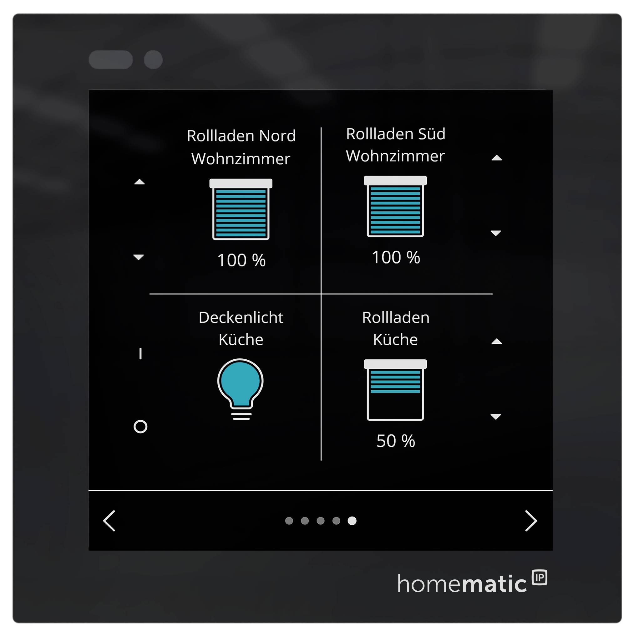 Smart-Home-Wandregler mit vier Steuerelementen: „Rolladen Nord Wohnzimmer" 100%, „Rolladen Süd Wohnzimmer" 100%, „Deckenlicht Küche" und „Rolladen Küche" 50%.