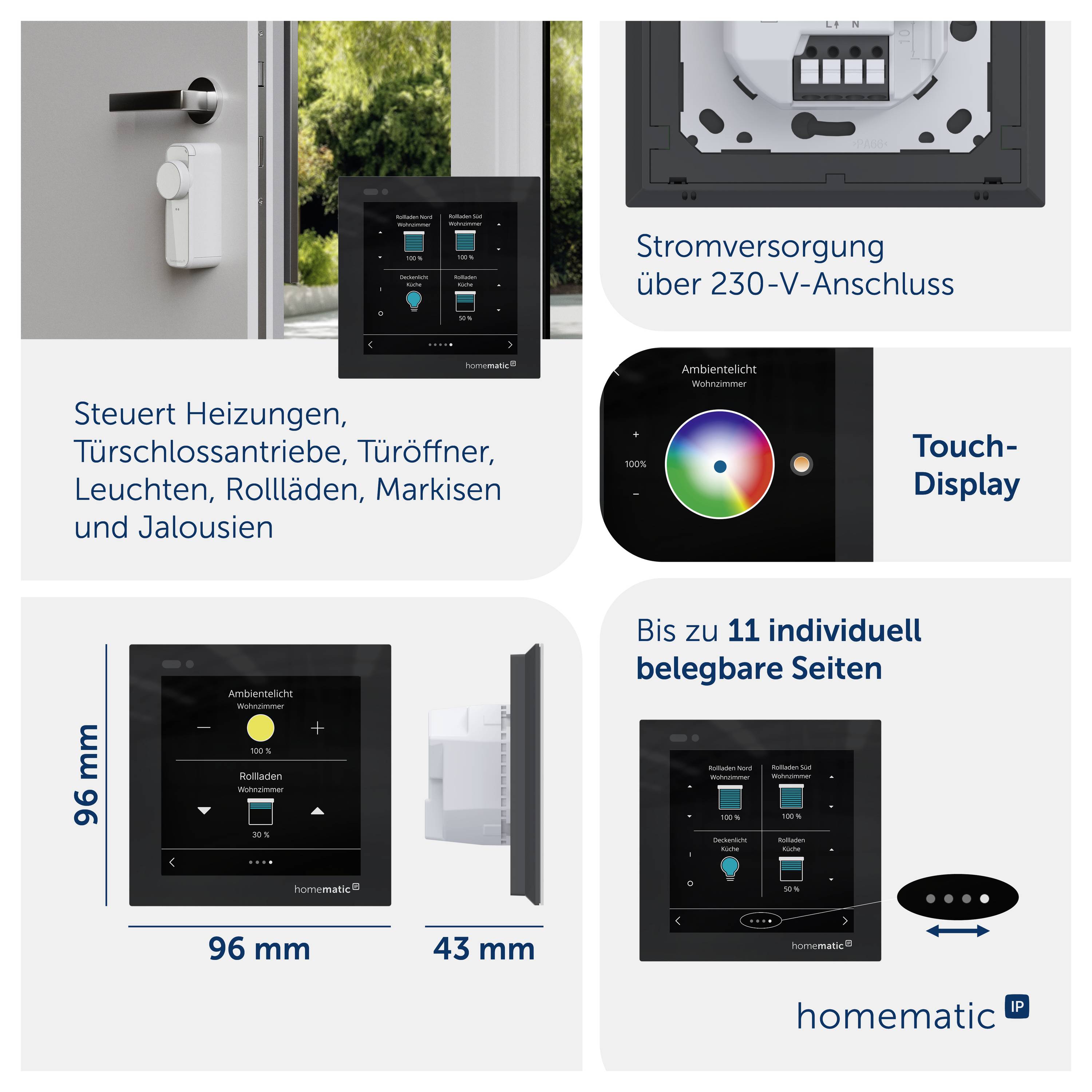 Collage eines Homematic-Touchdisplays zur Smart-Home-Steuerung, das die Verwaltung von Heizung, Türöffnern, Beleuchtung, Rollläden, Markisen und Jalousien zeigt, mit 230V-Stromversorgung, 11 anpassbaren Seiten und Abmessungen von 96 x 96 x 43 mm.