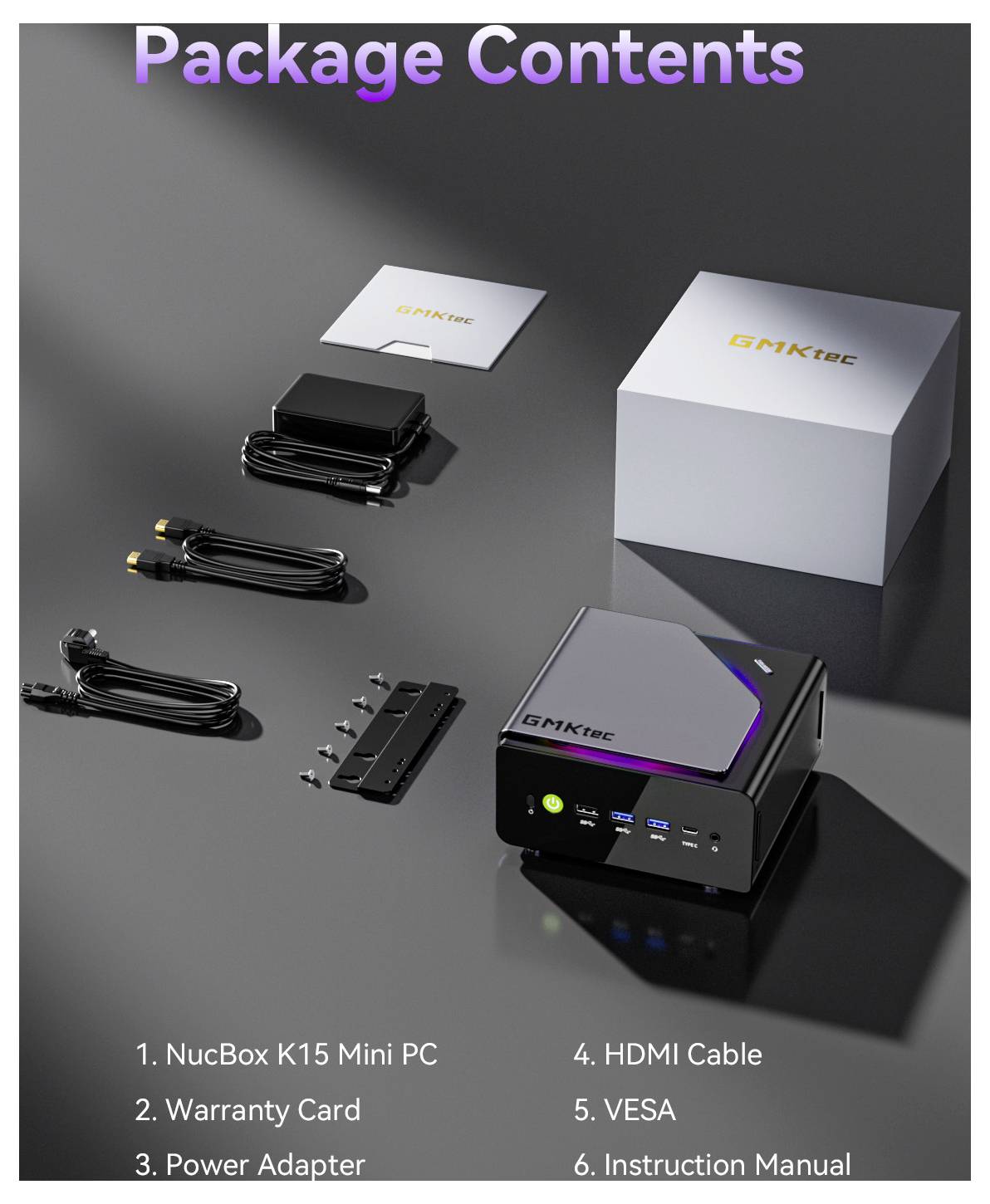 Paketinhalt-Bild mit einem GMKtec NucBox K15 Mini-PC mit Garantiekarte, Netzteil, HDMI-Kabel, VESA-Halterung und Benutzerhandbuch.