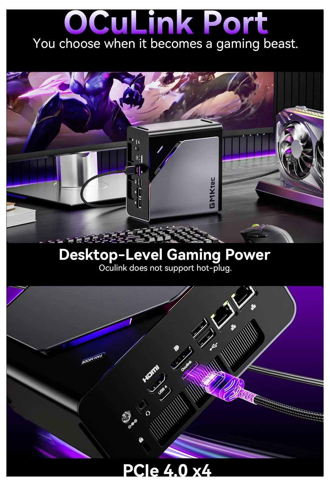 Werbegrafik für ein OCuLink-Port-Docking-Gerät, das Desktop-Gaming-Leistung zeigt und eine Nahaufnahme des hinteren Panels mit Beschriftungen für OCuLink, USB, HDMI und PCIe 4.0 x4.