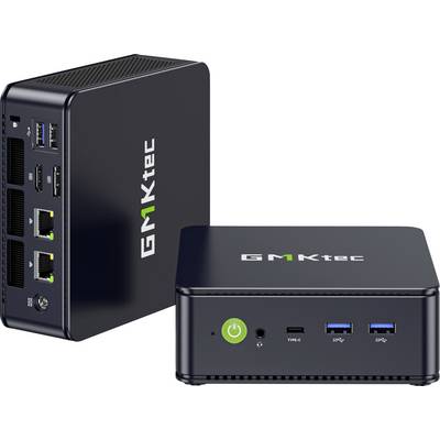 Schwarzer GMKtec Mini-PC von vorne und von der Seite gezeigt, mit Einschaltknopf, USB-C, zwei USB-Anschlüssen, Ethernet und Audiobuchse auf einem kompakten Gehäuse.