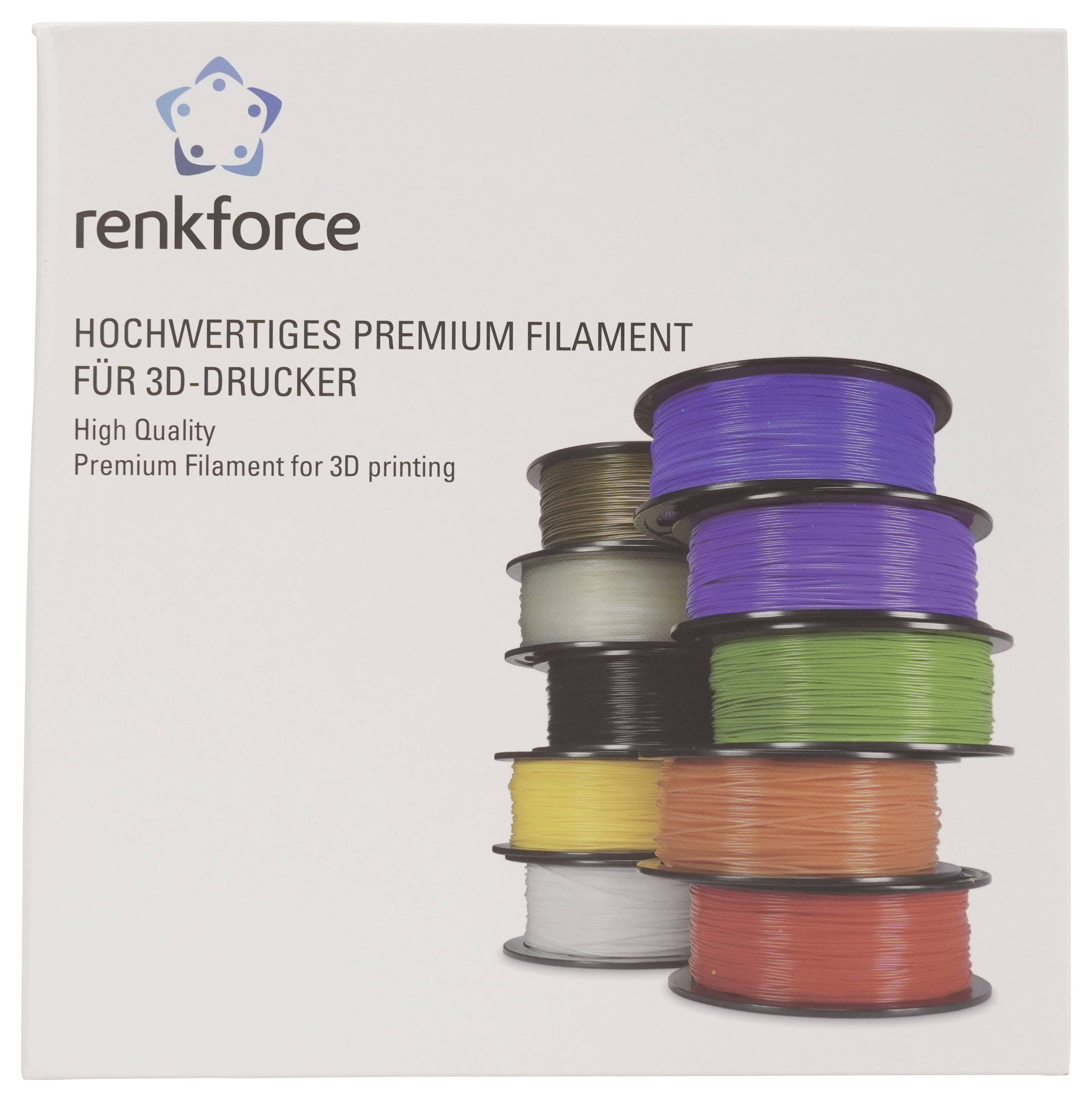 Renkforce Premium 3D-Drucker-Filament-Verpackung mit gestapelten Spulen in mehreren Farben und dem Text „Hochwertiges Premium Filament für 3D-Drucker" und „Hochwertiges Premium Filament zum 3D-Drucken".