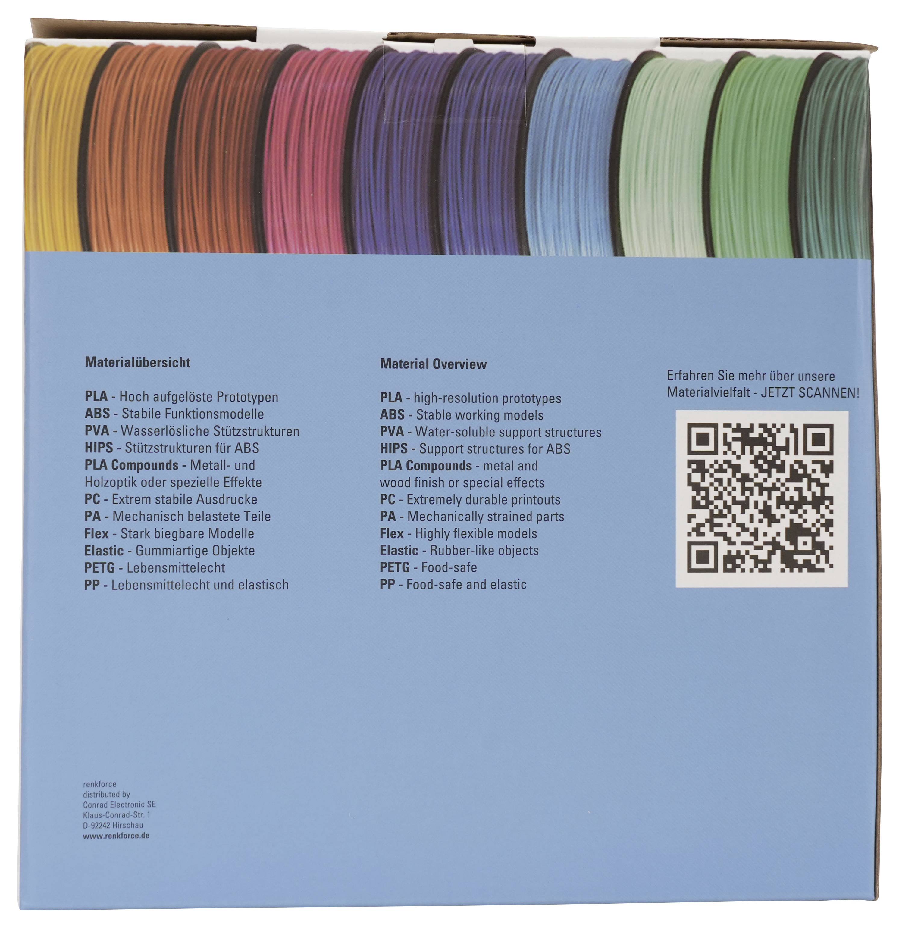 Blaue Broschüre mit farbigen 3D-Drucker-Filamentmustern oben, mit deutschem und englischem Materialübersichtstext und einem QR-Code für Materialinformationen.