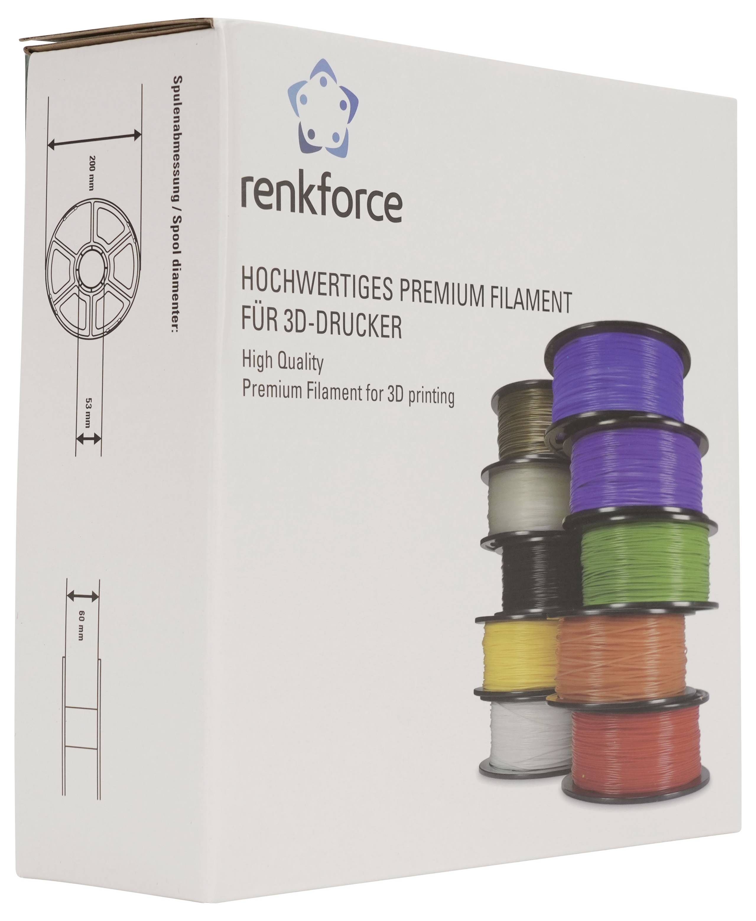 Renkforce 3D-Drucker-Filament-Verpackung mit gestapelten Spulen in mehreren Farben und dem Text „Hochwertiges Premium Filament für 3D-Drucker"