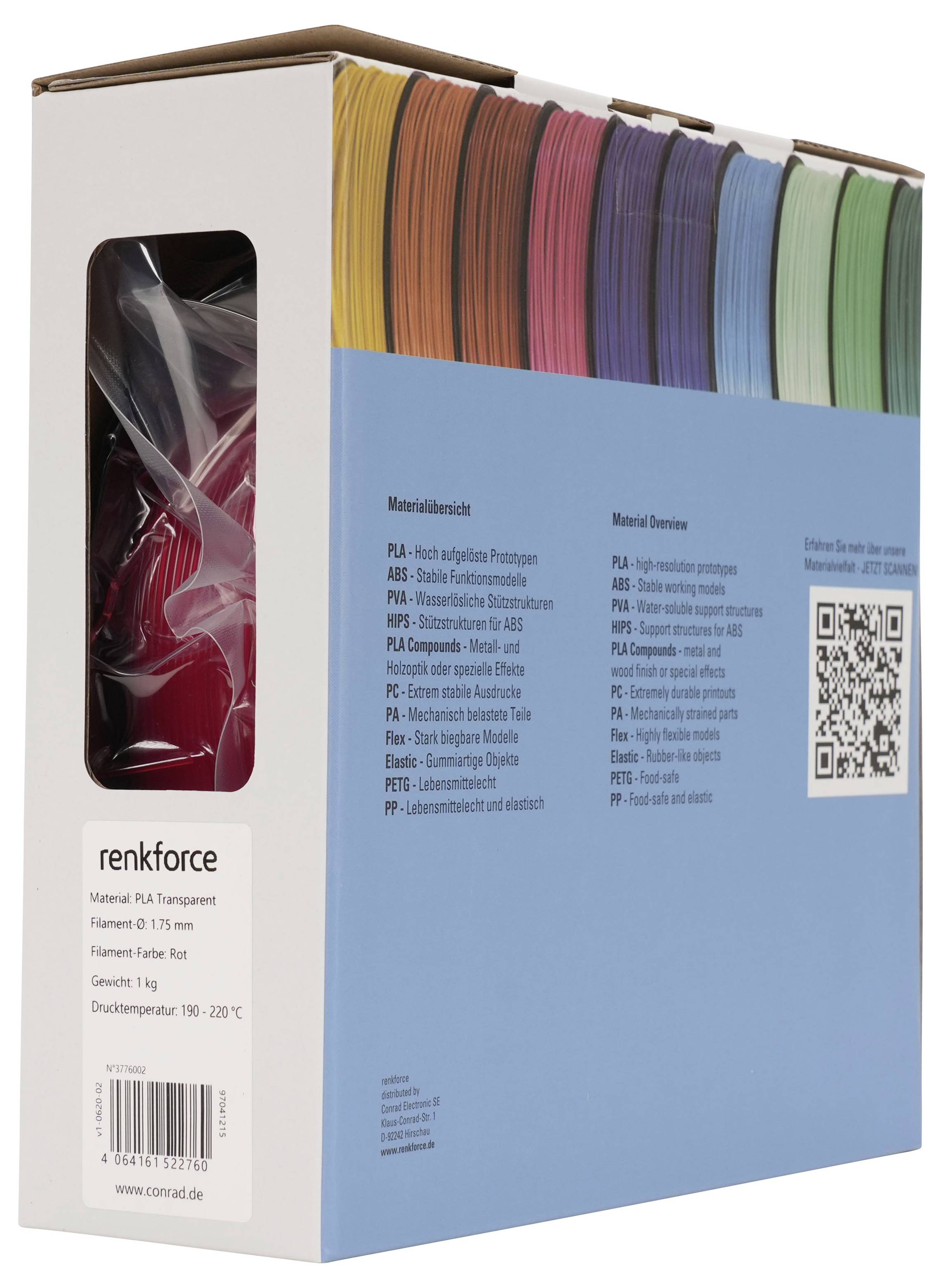 Karton mit Renkforce-PLA-3D-Druckfilament mit einem durchsichtigen Fenster, das die rote Filamentspule im Inneren zeigt, und einem aufgedruckten Etikett/Spezifikationen auf der Vorderseite.