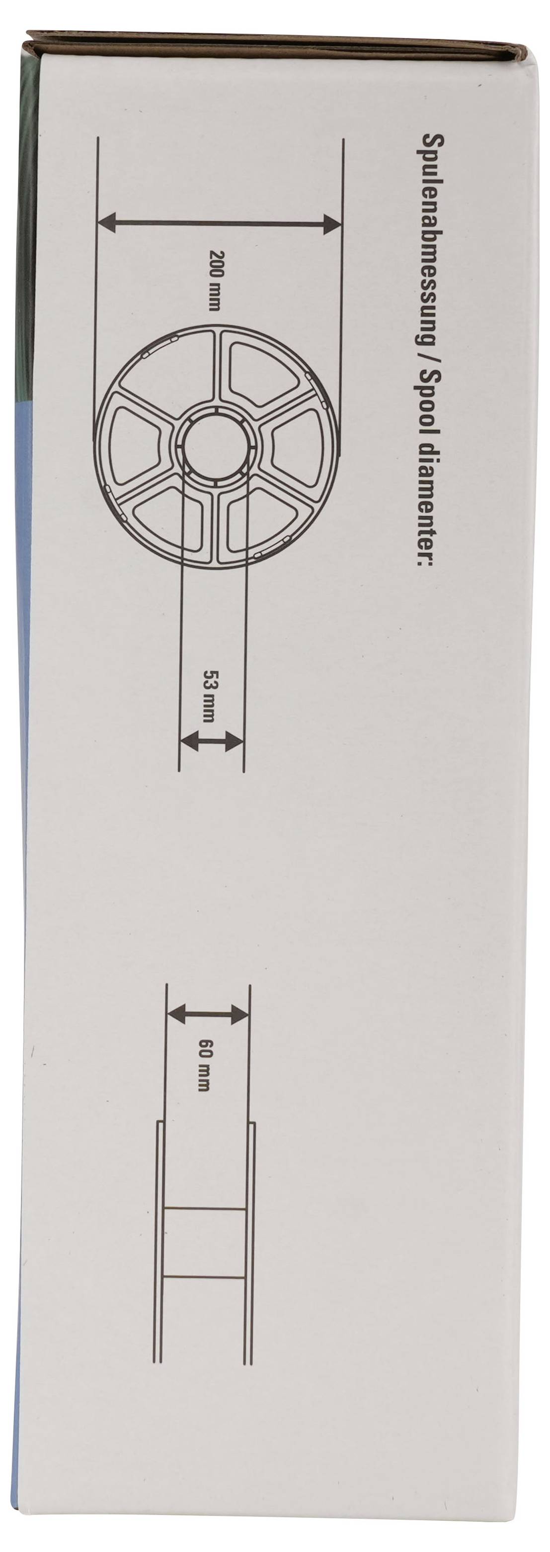 Kastendiagramm mit Spulenabmessungen: „Spulenabmessung / Spulendurchmesser" mit 200 mm Durchmesser, 50 mm Breite und einer 60 mm Seitenansichtsmessung.