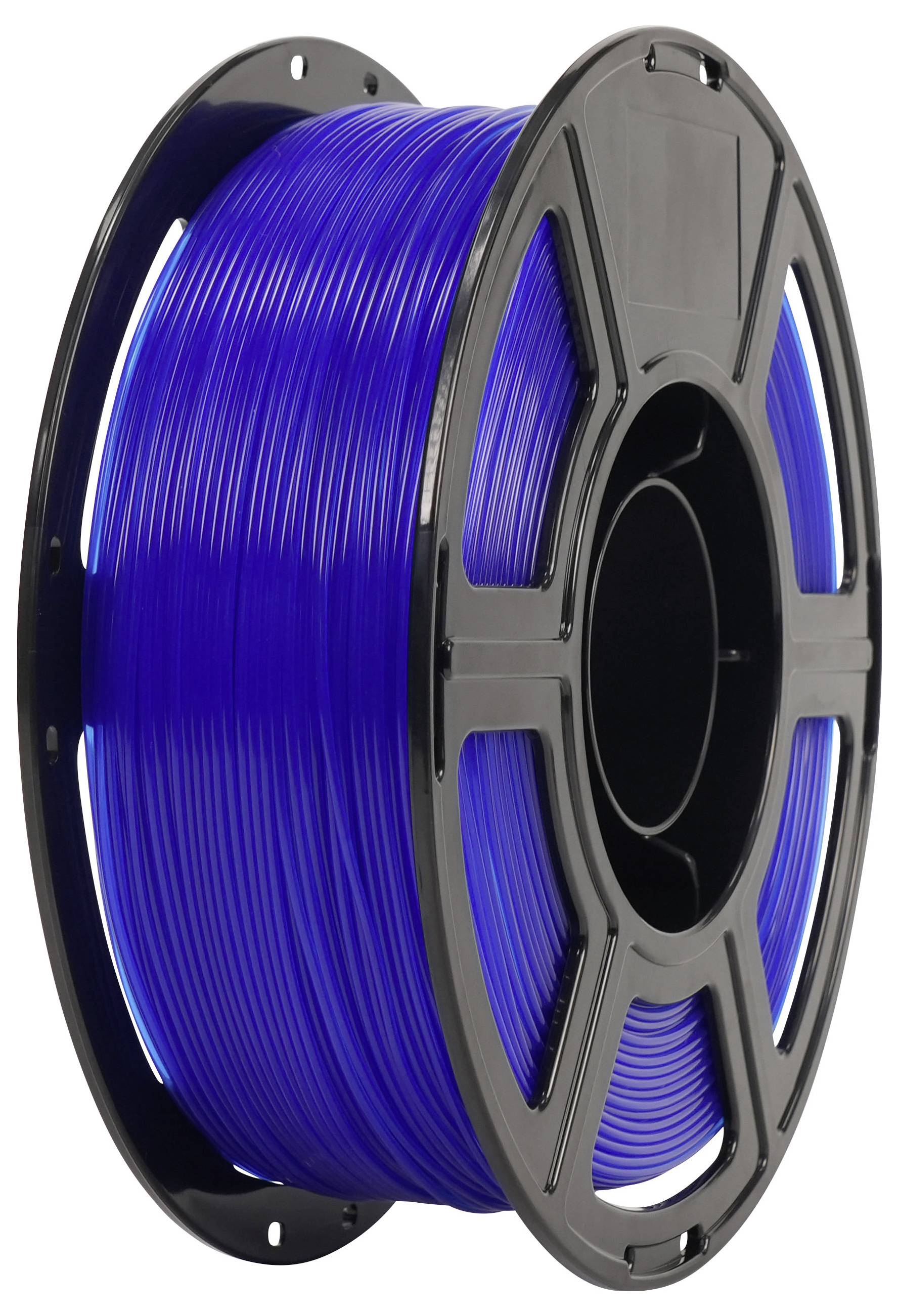 Spule mit blauem 3D-Drucker-Filament auf einer schwarzen Spule aufgewickelt.