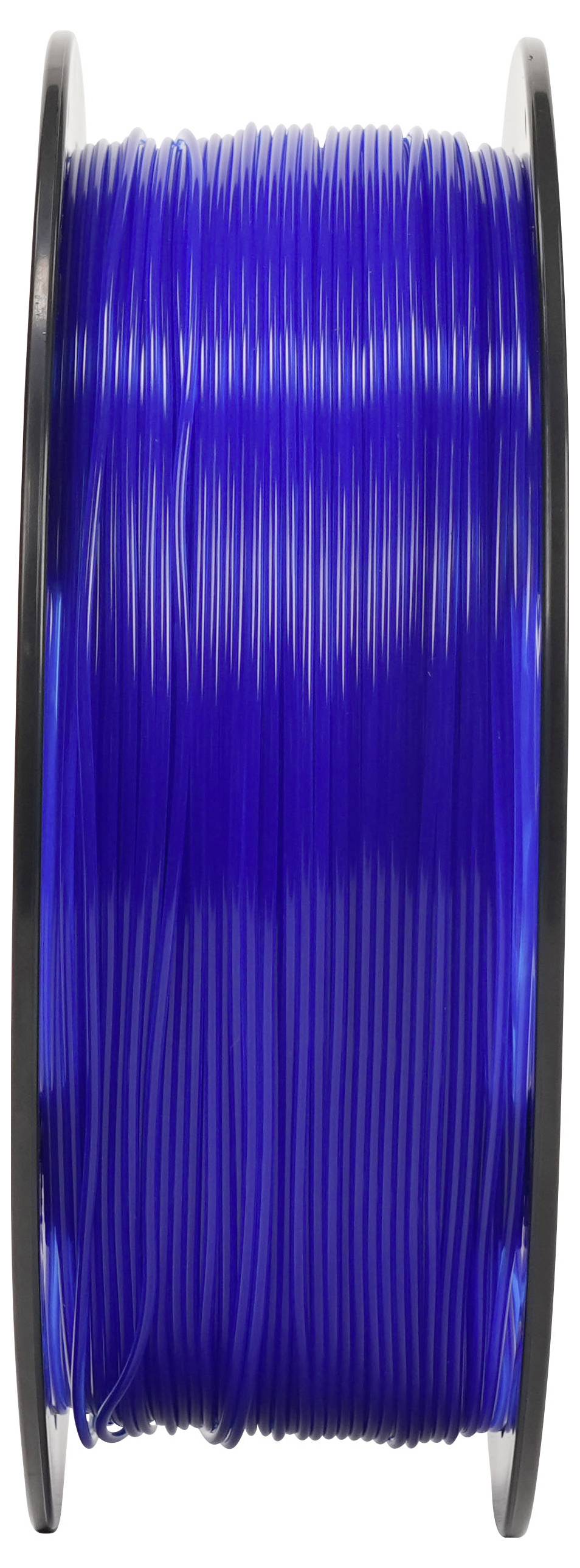 Spule mit leuchtendem blauen 3D-Druckerfaden, aufgewickelt auf einer schwarzen Spule.