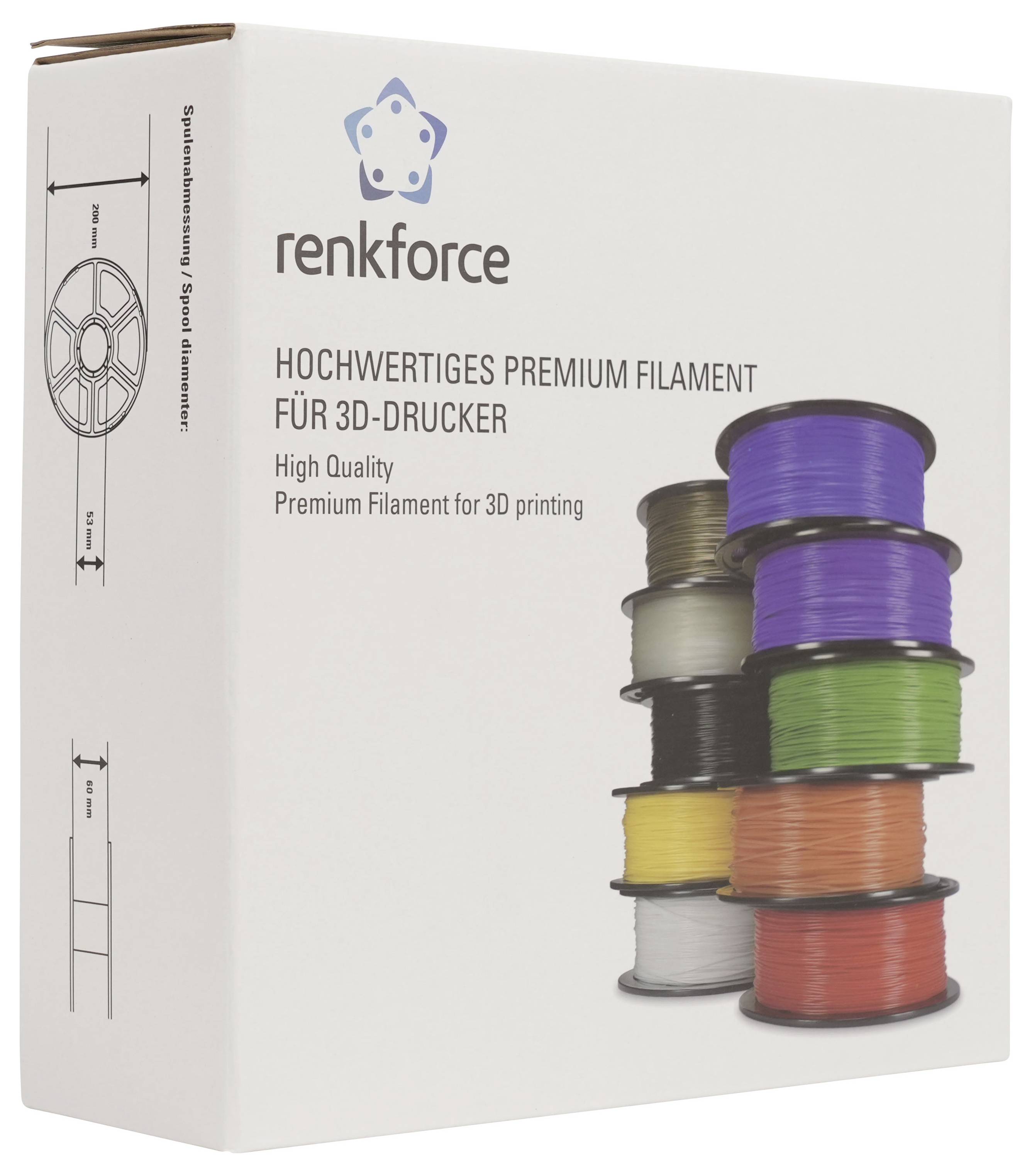 Renkforce Premium 3D-Drucker-Filament-Box mit gestapelten Spulen in mehreren Farben und deutscher Werbetexte für hochwertiges Filament.
