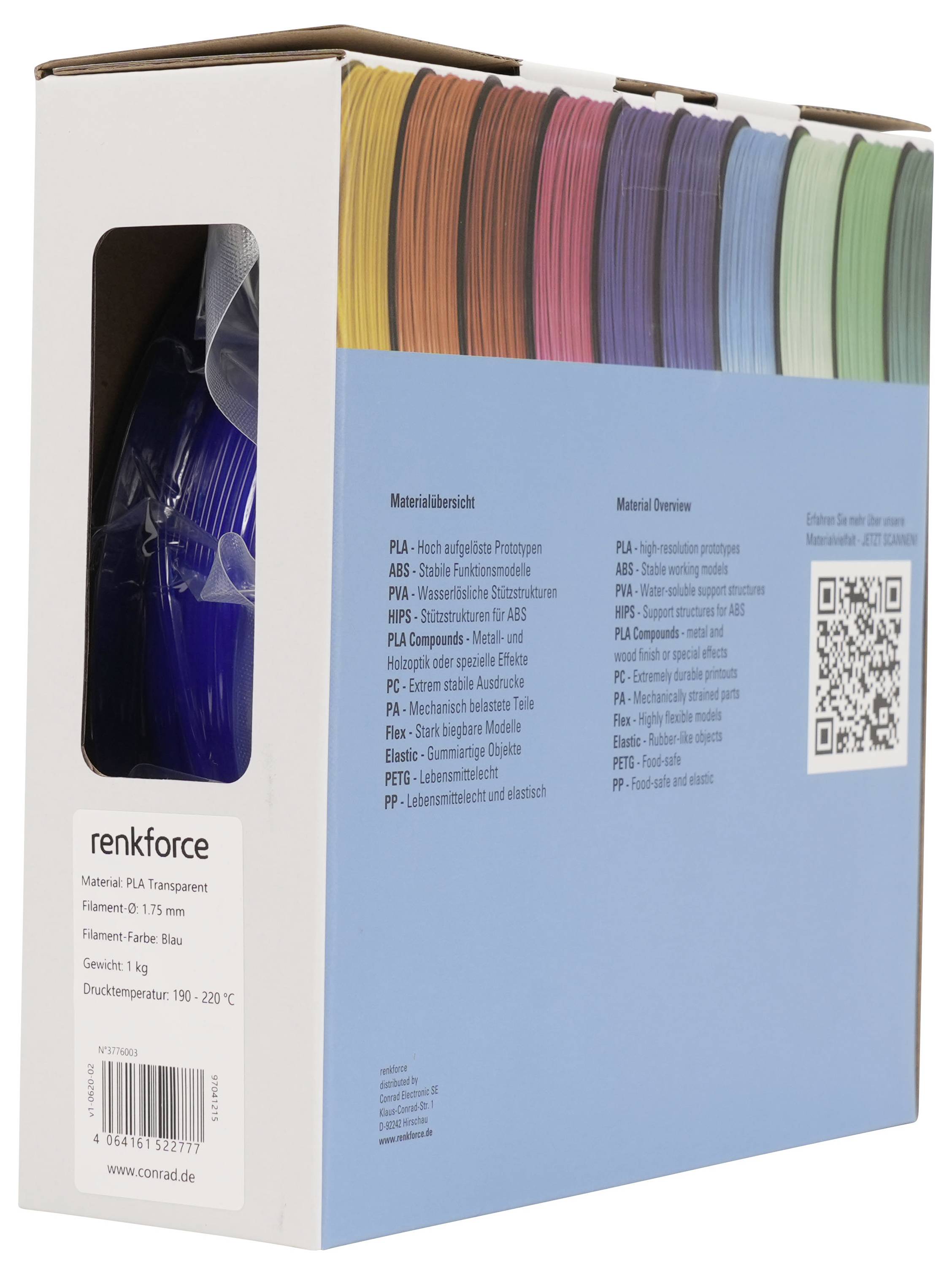 Verpackter Satz bunter 3D-Drucker-Filamentspulen mit der Bezeichnung „renkforce", mit Produktdetails und einem QR-Code.