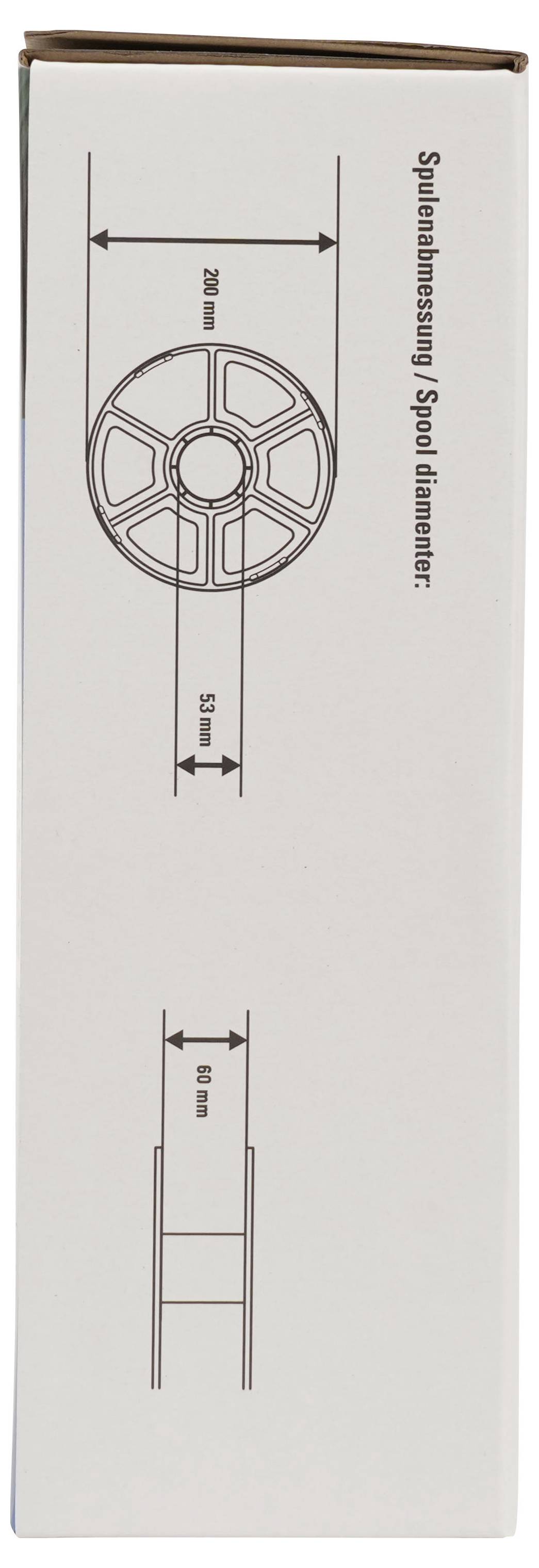 Kastendiagramm mit einem Spulendurchmesser von 200 mm und einer Spulenbreite von 55 mm, wobei eine zweite kleinere Abmessung von 8 mm markiert ist.
