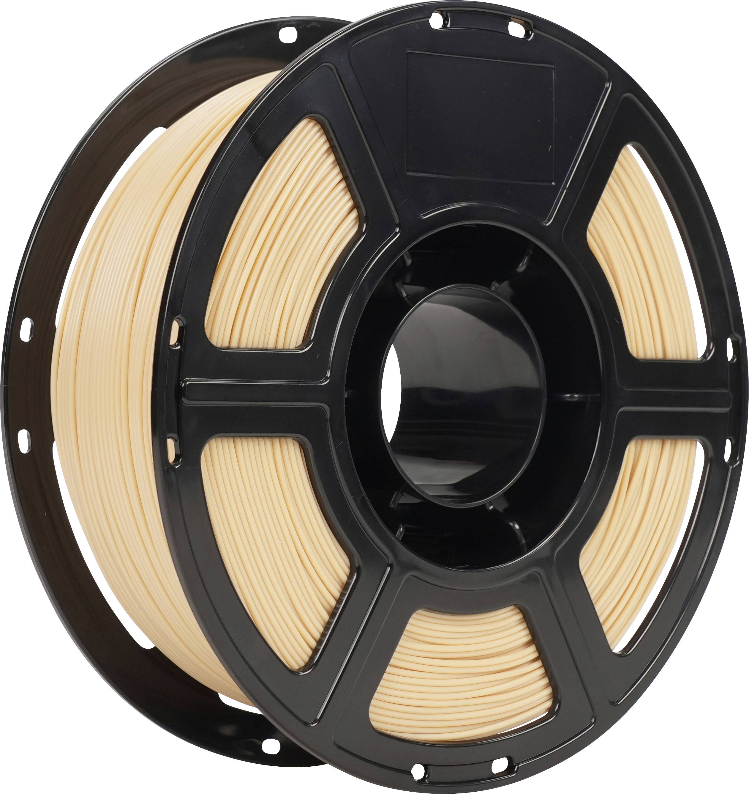 Schwarze Spule mit pfirsichfarbigem 3D-Drucker-Filament auf weißem Hintergrund.