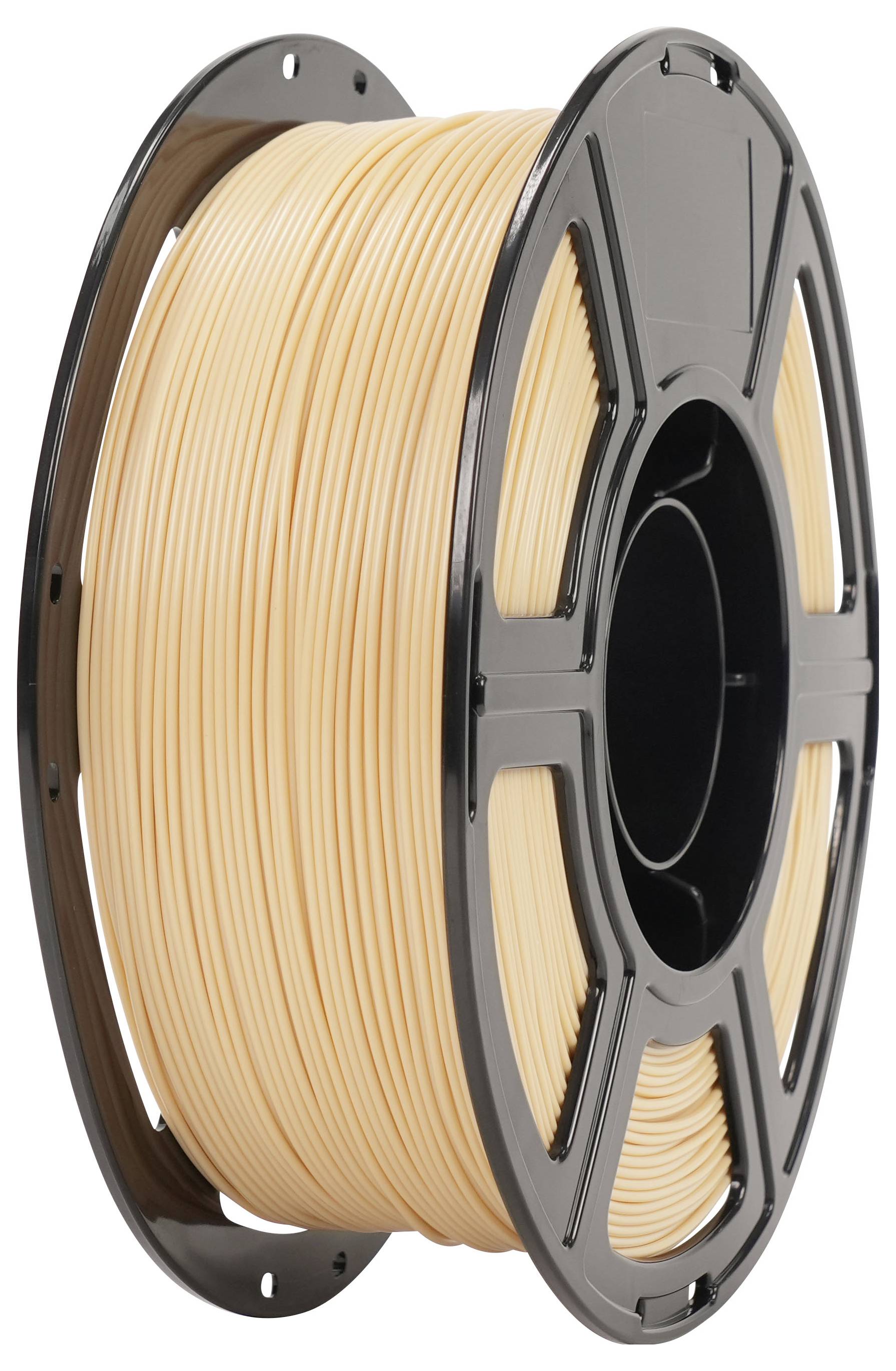 Spule beiges 3D-Drucker-Filament auf einer schwarzen Spule aufgewickelt.