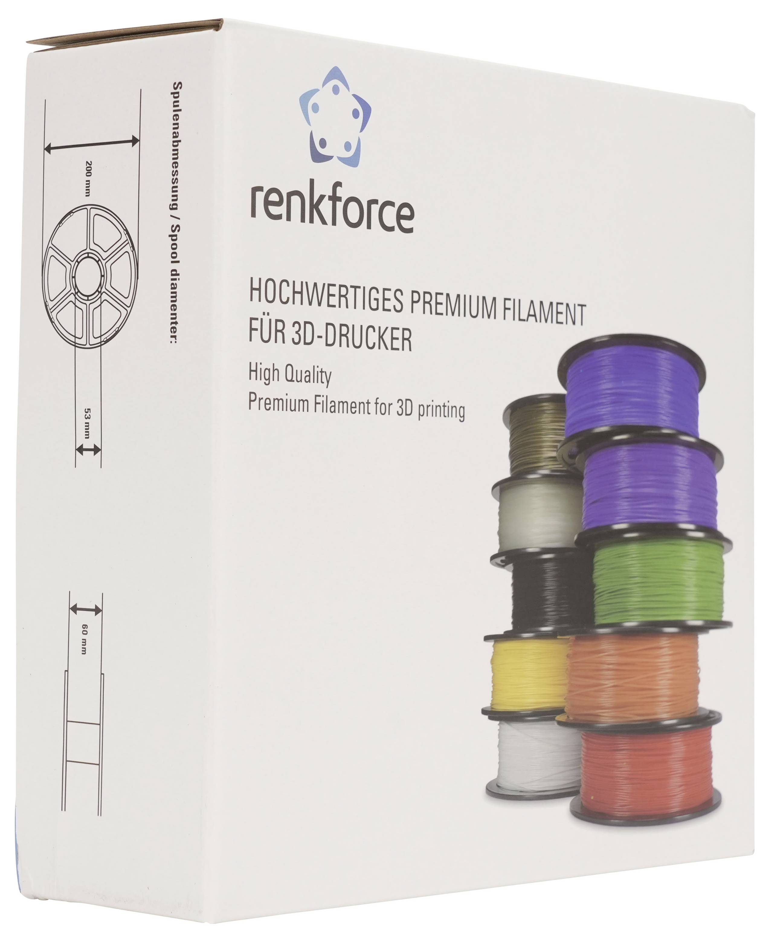 Weiße Renkforce 3D-Druckerfilament-Box mit Logo, deutschem Text "HOCHWERTIGES PREMIUM FILAMENT FÜR 3D-DRUCKER" und Bild von gestapelten farbigen Filamentrollen.