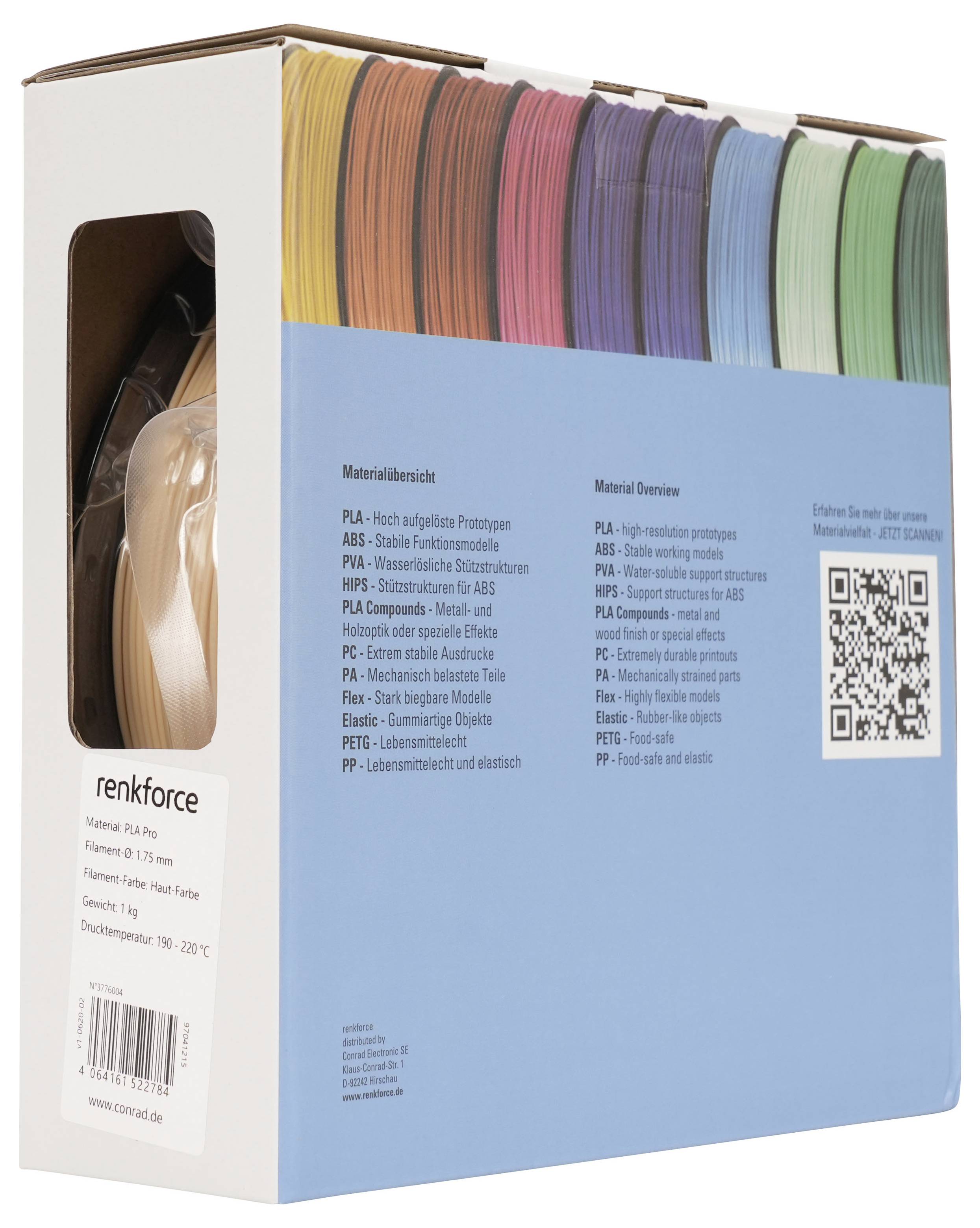Schachtel mit renkforce PLA-3D-Druckerfaden, mit einem klaren Fenster, das eine Spule zeigt, Farbmuster oben, Materialbeschreibungen und ein QR-Code auf der Vorderseite.