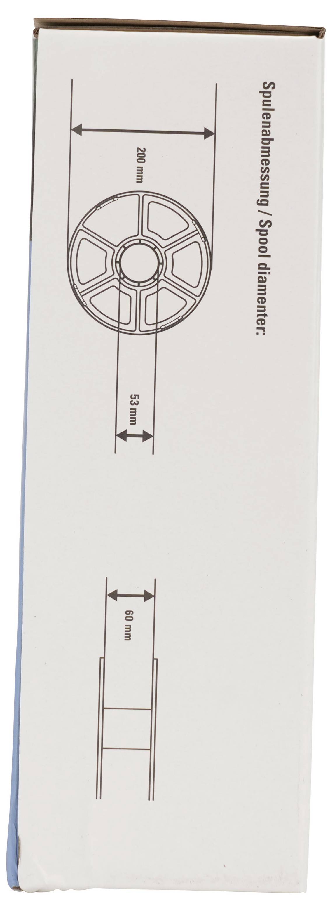 Verpackungsdiagramm, das eine Spulenrolle mit Abmessungen zeigt: Durchmesser 200 mm, Breite 50 mm und Beschriftung „Spulenabmessung / Spulendurchmesser".