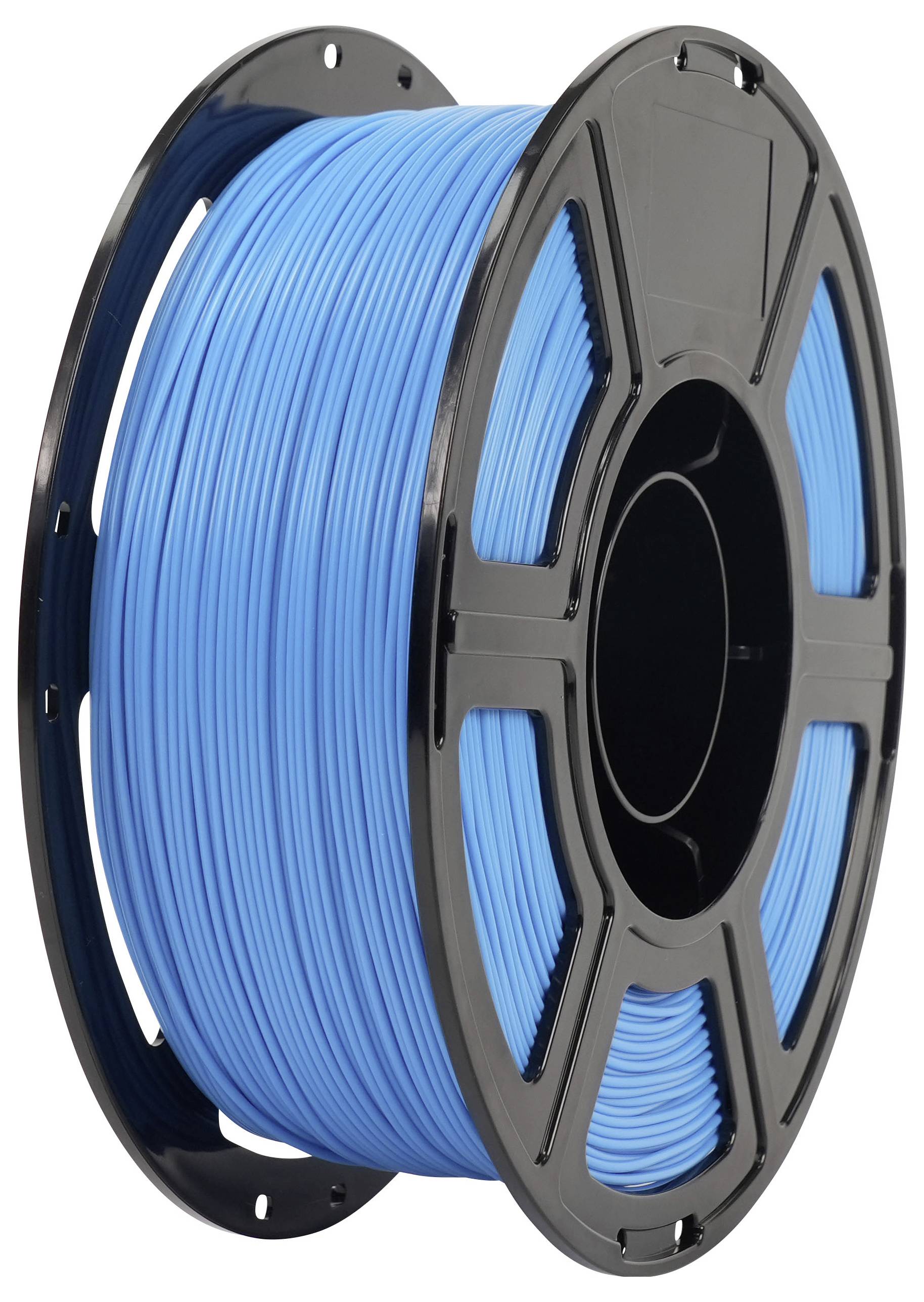Eine Spule mit leuchtend blauem Filament, das auf einer schwarzen Spule aufgewickelt ist, isoliert auf weißem Hintergrund dargestellt.