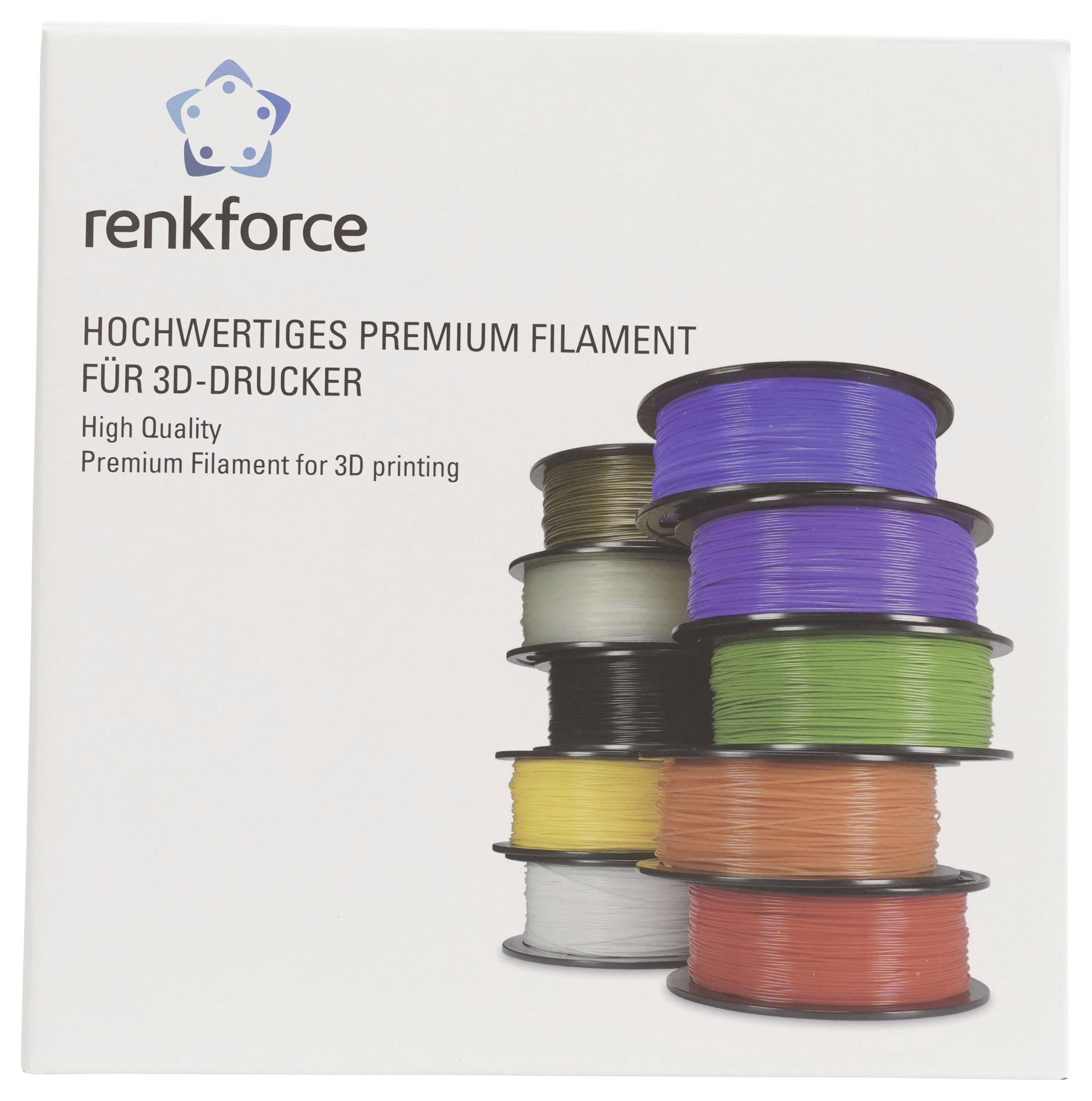 Karton mit Renkforce Premium-3D-Druckerfilament, das gestapelte Spulen in mehreren Farben zeigt und den Text „Hochwertiges Premium Filament für 3D-Drucker" enthält.