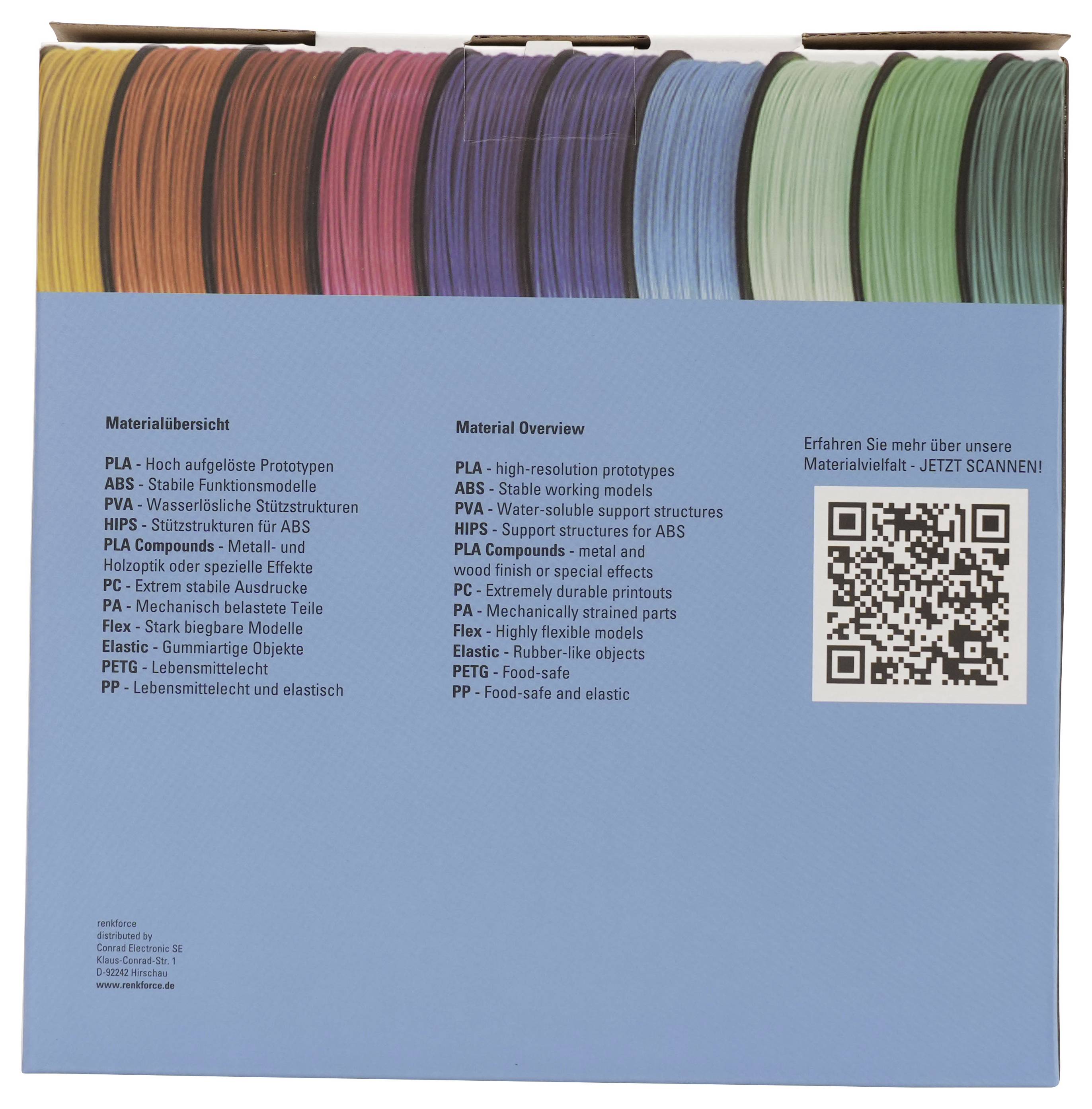 Übersichtsboard aus blauem Material mit farbenfrohen Farbmustern von 3D-Druckfilamenten, einer zweisprachigen Materialliste und einem QR-Code für weitere Informationen.
