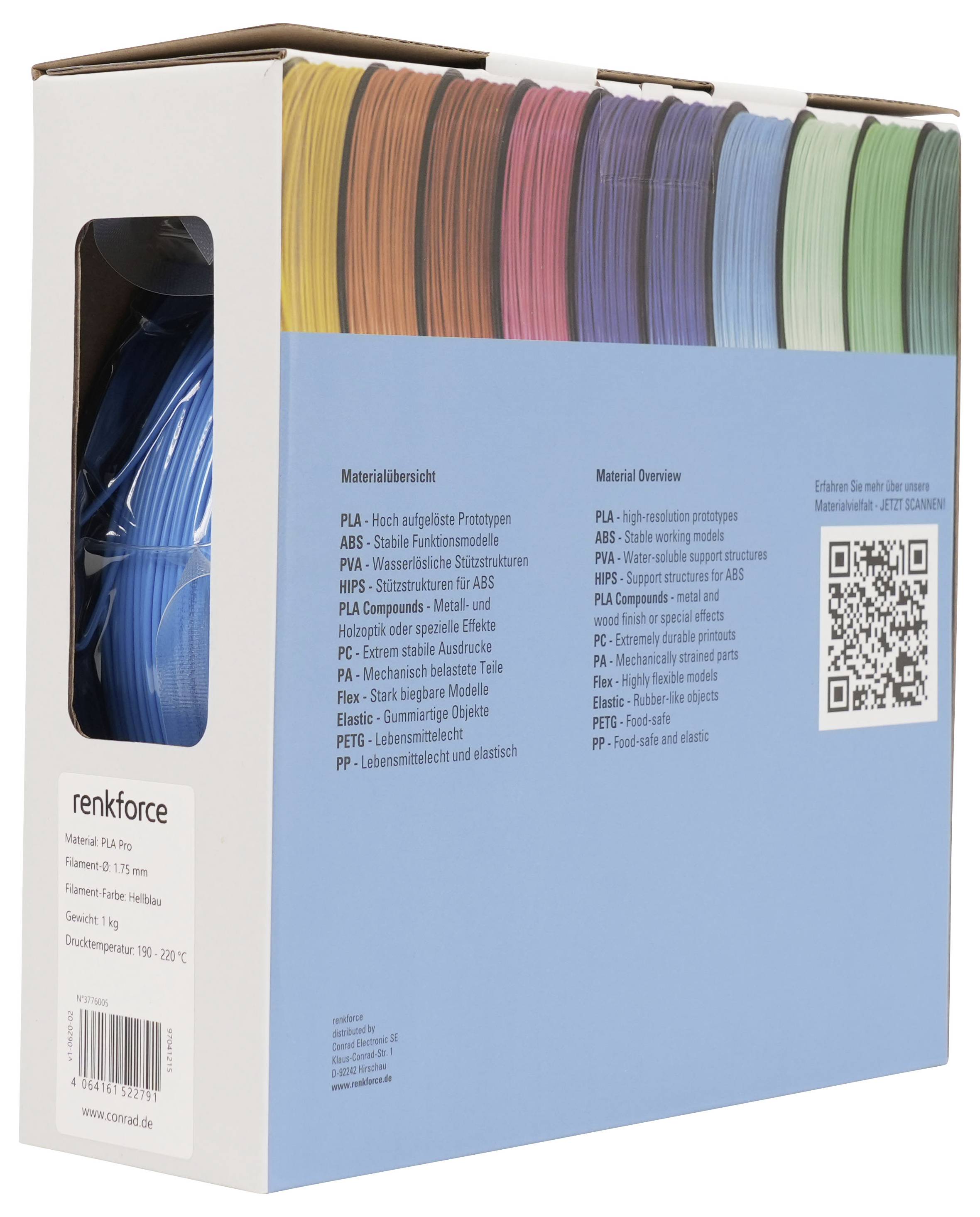 Schachtel mit farbenfrohen 3D-Drucker-Filamentspulen, mit einem Fenster, das blaues Filament zeigt, und einem Materialbeschreibungsetikett auf der Vorderseite.