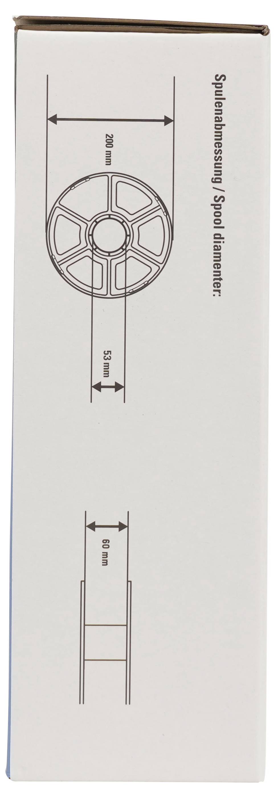 Spulenabmessung / Spulendurchmesser zeigt 200 mm Durchmesser und 50 mm Breite, zuzüglich einer Seitenansicht mit 60 mm Angabe.