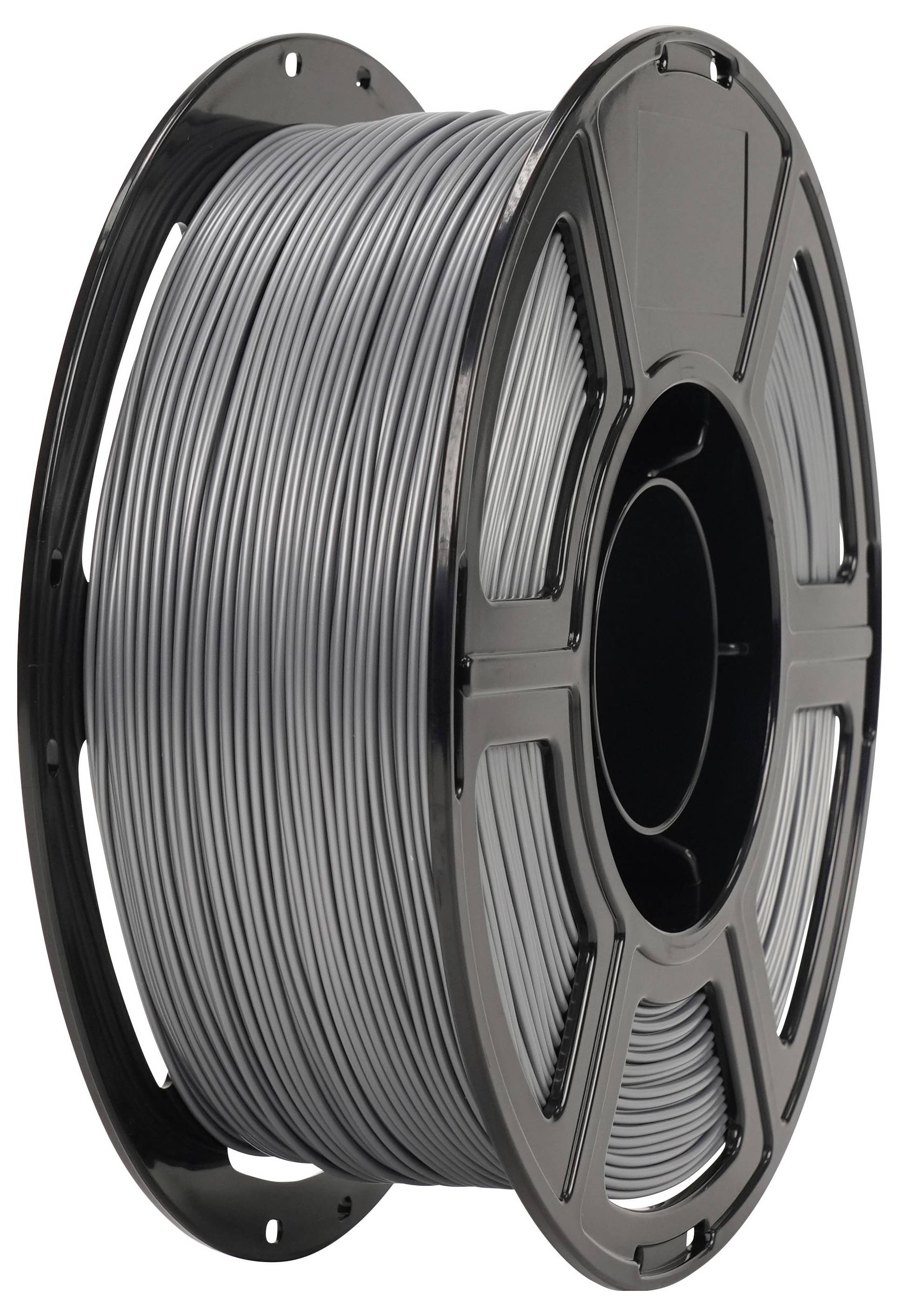 Spule mit grauem 3D-Druckfilament auf einer schwarzen Spule, isoliert auf weißem Hintergrund.