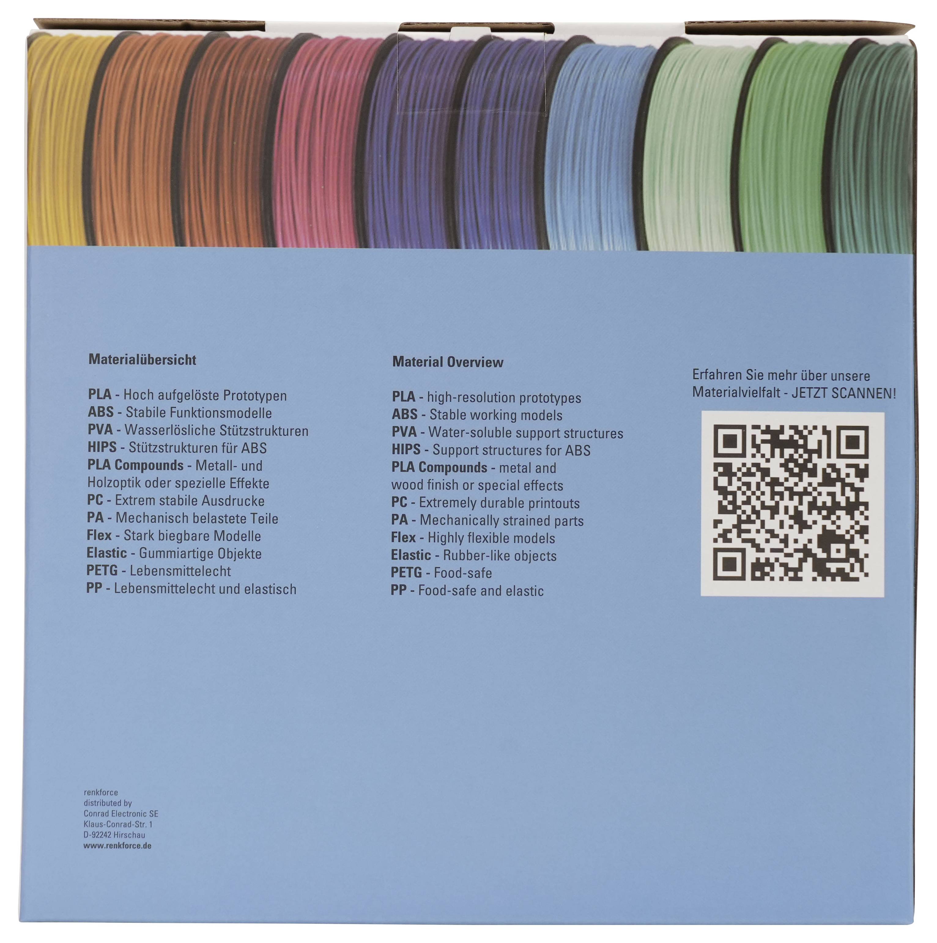Referenztabelle für blaue Farben/Materialien mit einer Reihe mehrfarbiger Filamentmuster oben, darunter aufgelistete Materialnamen und Verwendungszwecke sowie einen QR-Code auf der rechten Seite.
