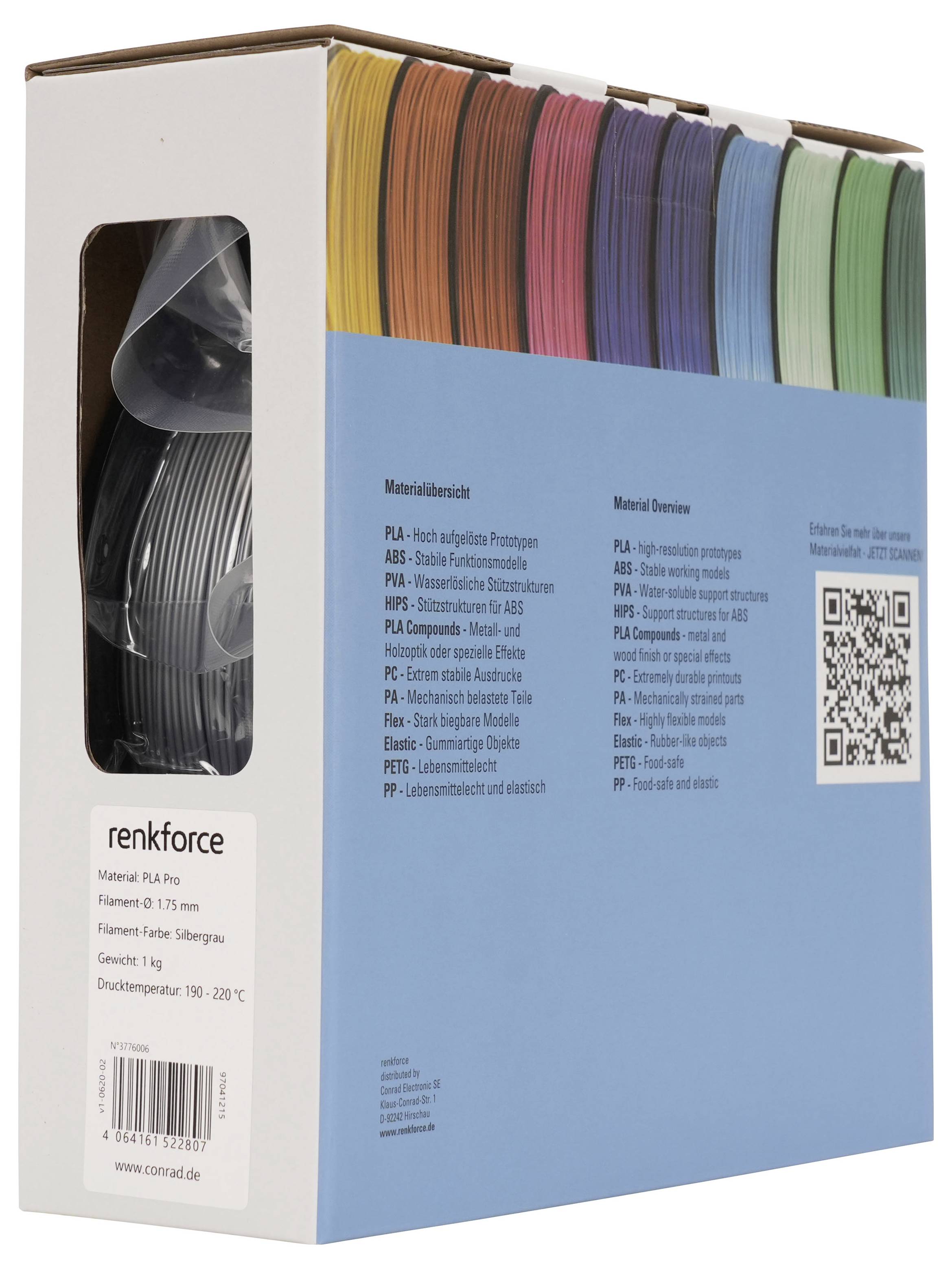 Schachtel mit Renkforce PLA 3D-Druckfilament, wobei mehrere farbige Spulen oben durch die offene Verpackung sichtbar sind.