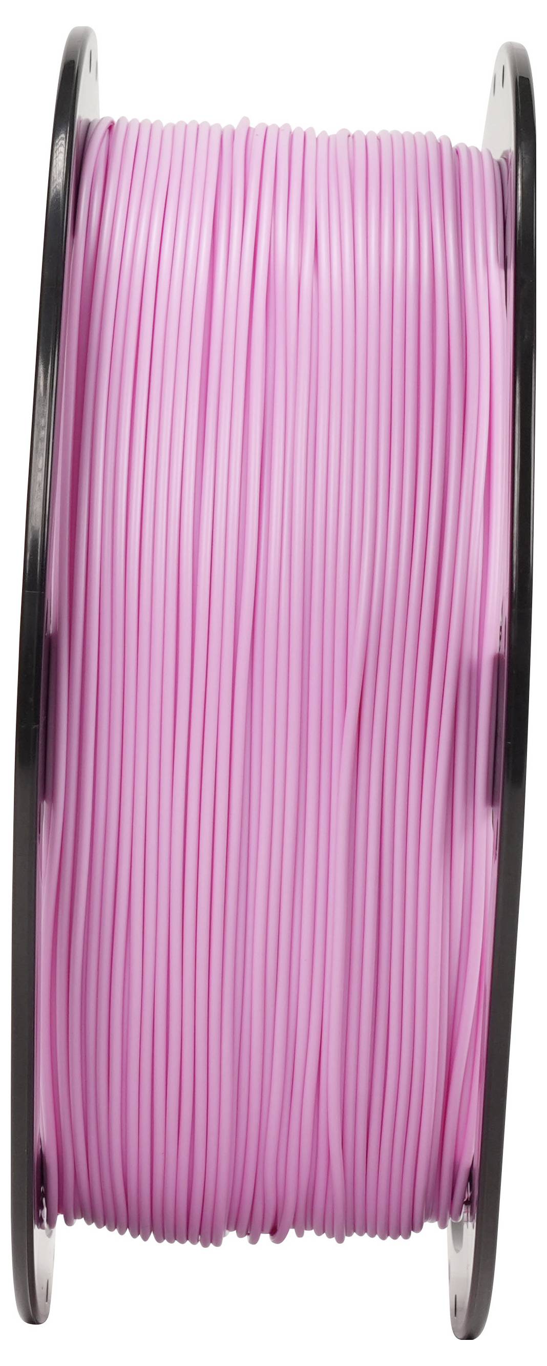 Spule aus rosa 3D-Druckfilament, aufgewickelt auf einer schwarzen Kunststoffspule, vor weißem Hintergrund.