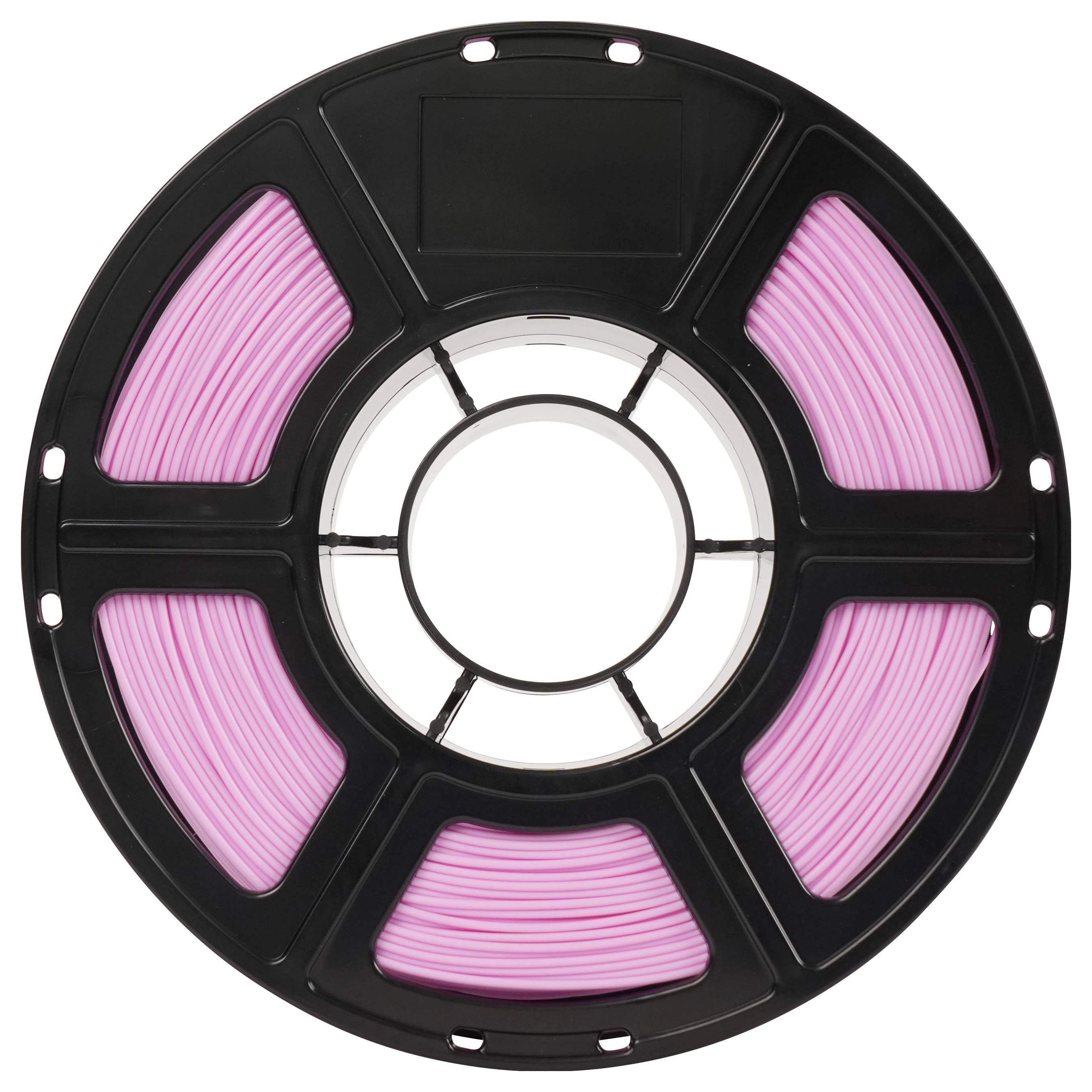 Spule mit rosa Filament für einen 3D-Drucker auf einer schwarzen Spule, Vorderansicht auf weißem Hintergrund.