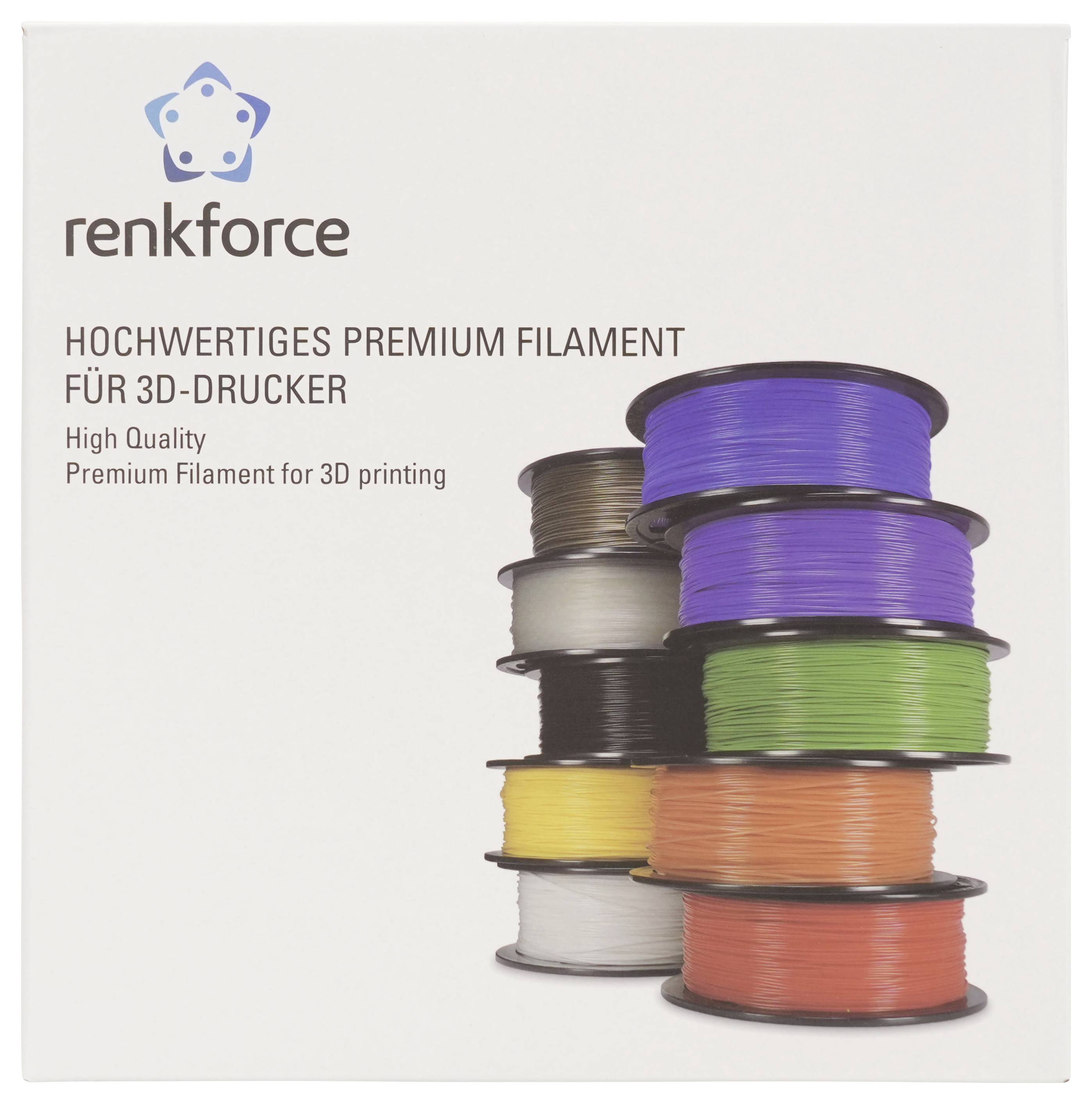 Renkforce Premium-3D-Druckfilament-Verpackung mit gestapelten Spulen in mehreren Farben und dem Text „HOCHWERTIGES PREMIUM FILAMENT FÜR 3D-DRUCKER".