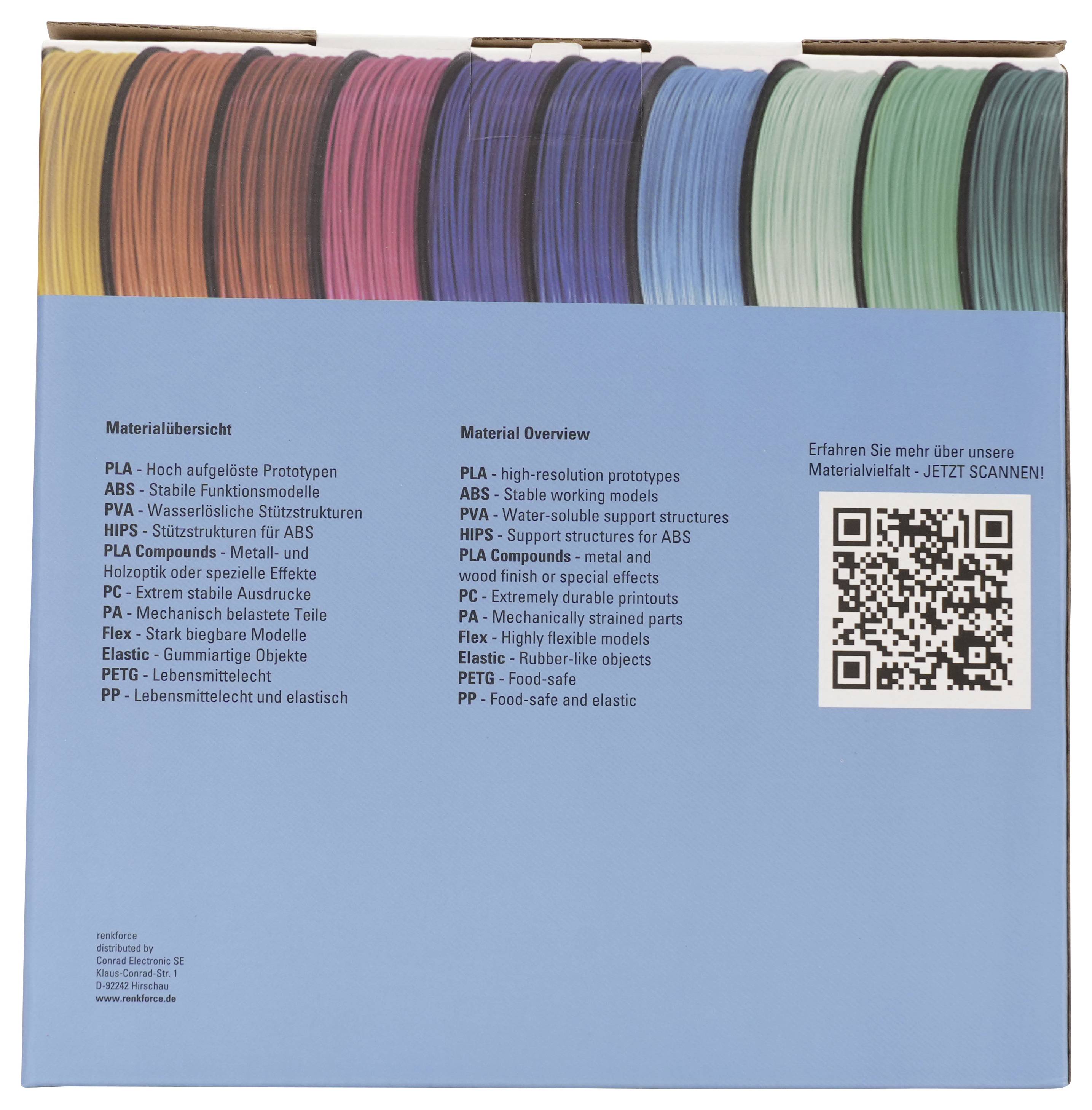 Blauer Produktprospekt mit Reihen von 3D-Druckerfaden-Spulen und einer Materialübersicht mit QR-Code für weitere Informationen.