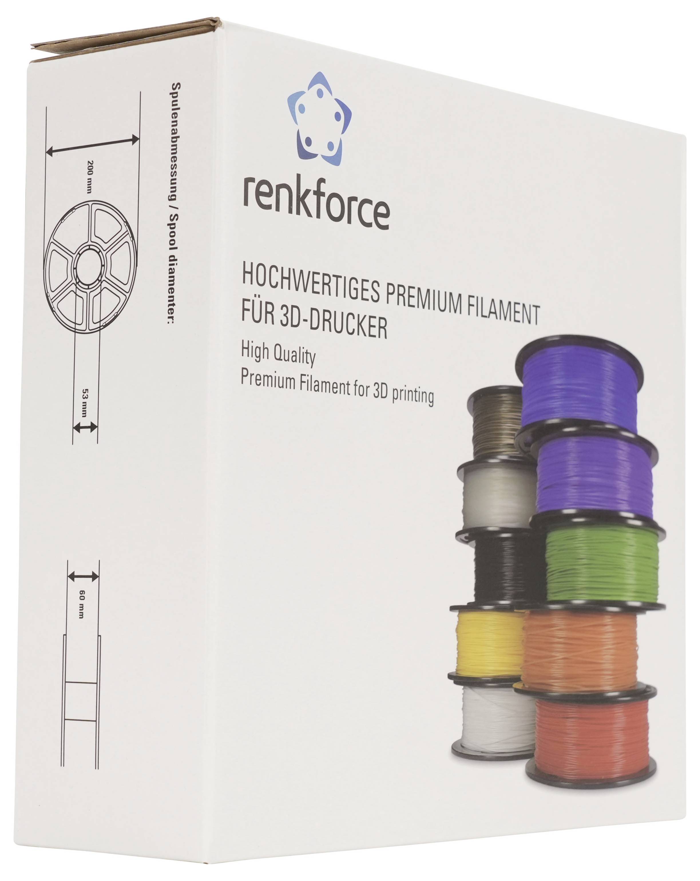 Renkforce hochwertiges 3D-Druckerfilament-Paket mit gestapelten Spulen in assortierter Farbauswahl auf der Vorderseite und technischen Spulendimensionen auf der Seite.