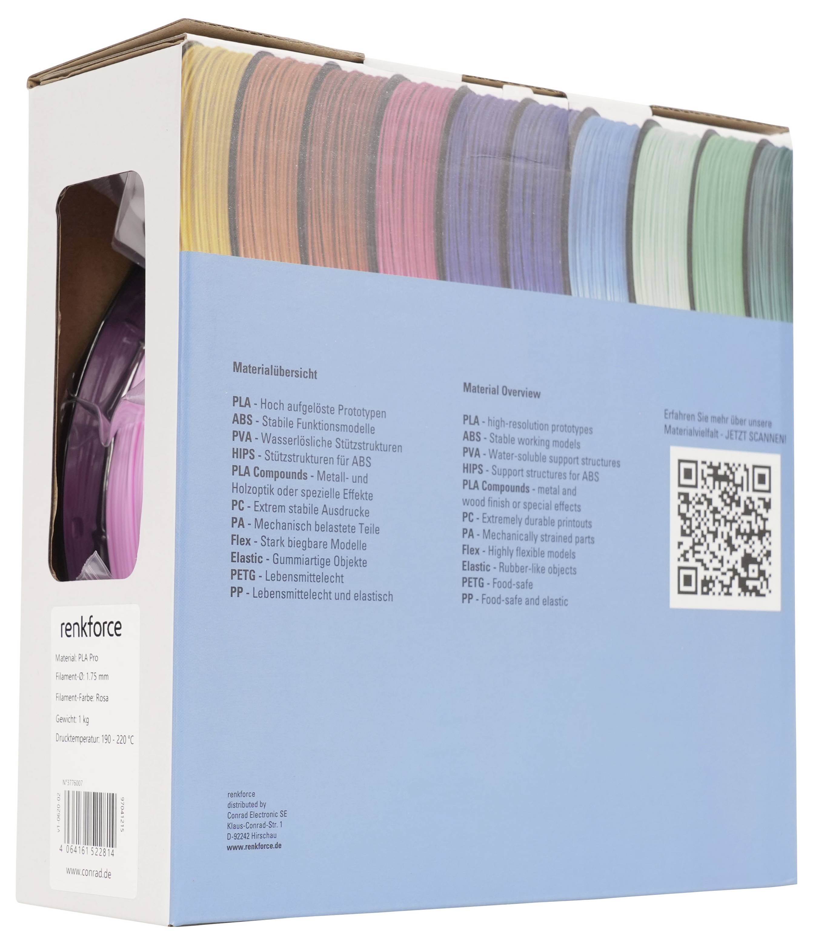 Übersicht des blauen Renforce-Materials mit Musterkarte und QR-Code, gekennzeichnet mit Kunststofftypen und Materialeigenschaften.