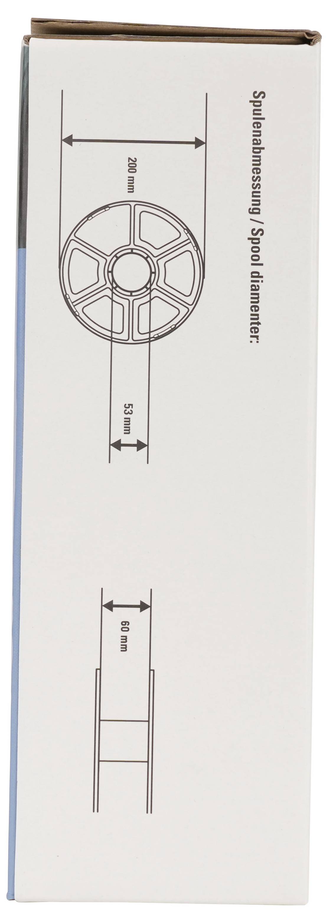 Diagramm einer Spulenhalterung mit Abmessungen: 200 mm Breite und 50 mm Innendurchmesser, mit einer Seitenansicht mit der Bezeichnung 60 mm.