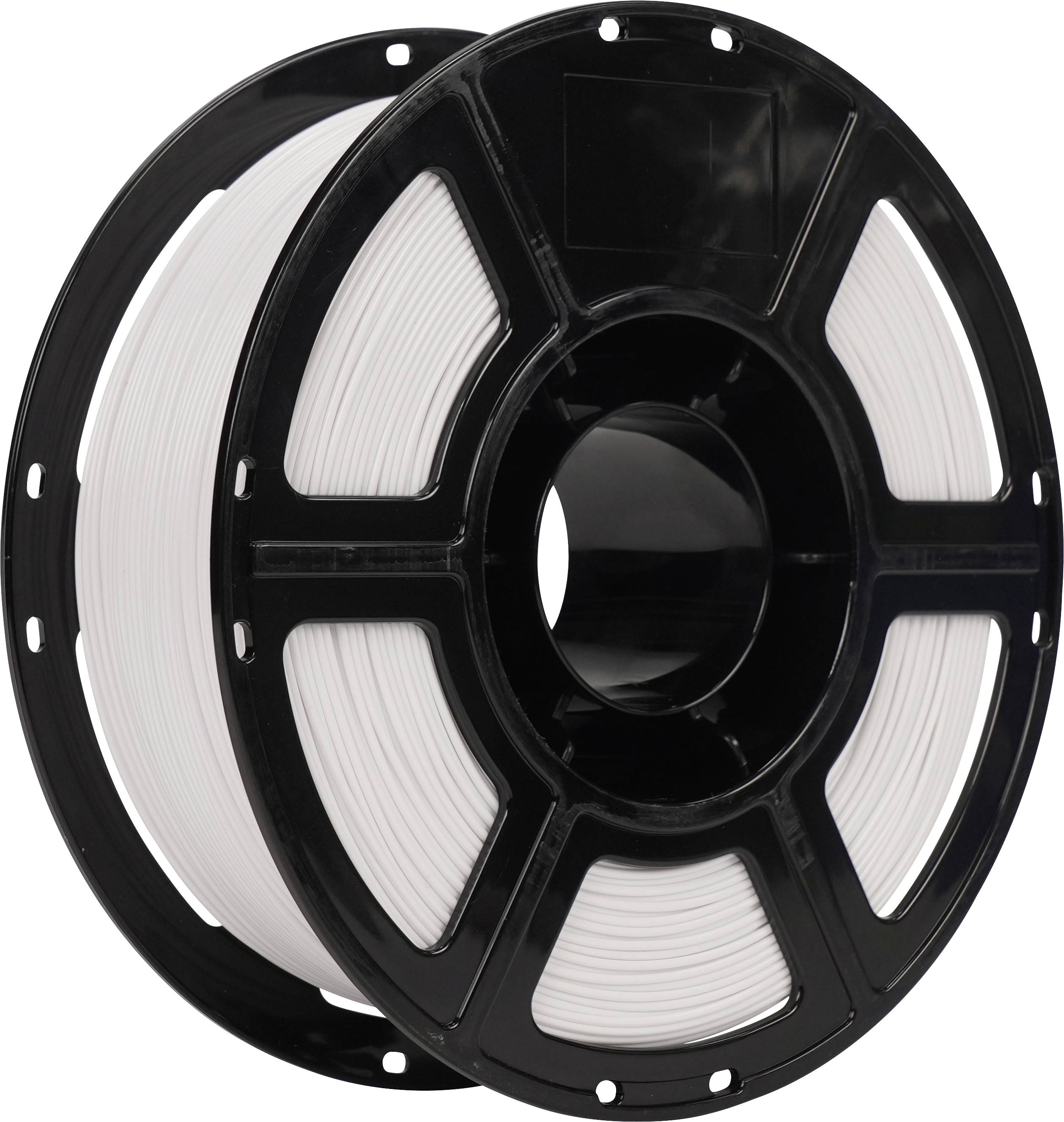 Schwarze Spule mit weißem 3D-Druckfilament auf einer Rolle, vor einem einfachen Hintergrund dargestellt.