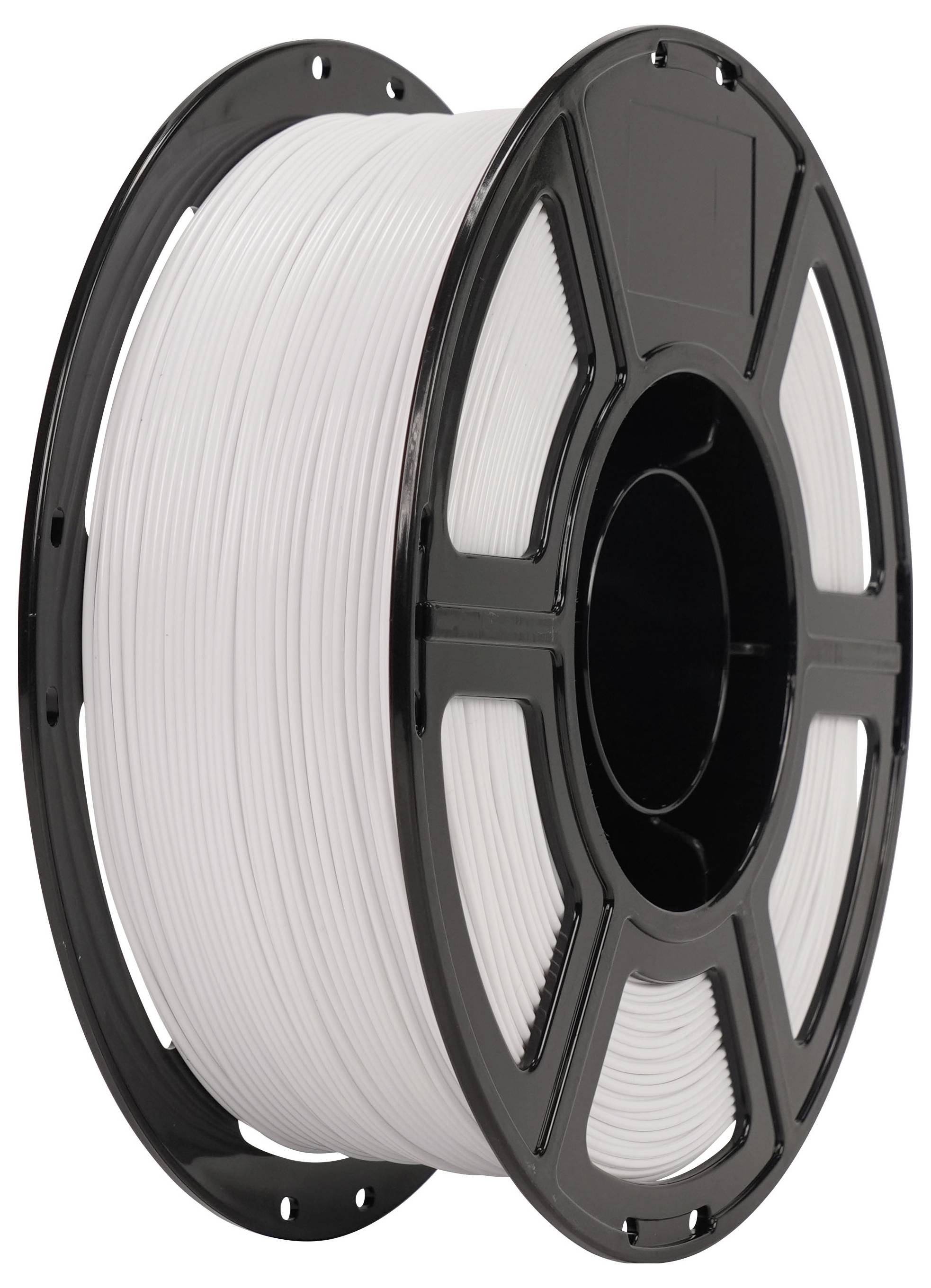 Schwarze Spule mit einer Rolle weißem 3D-Drucker-Filament auf weißem Hintergrund.