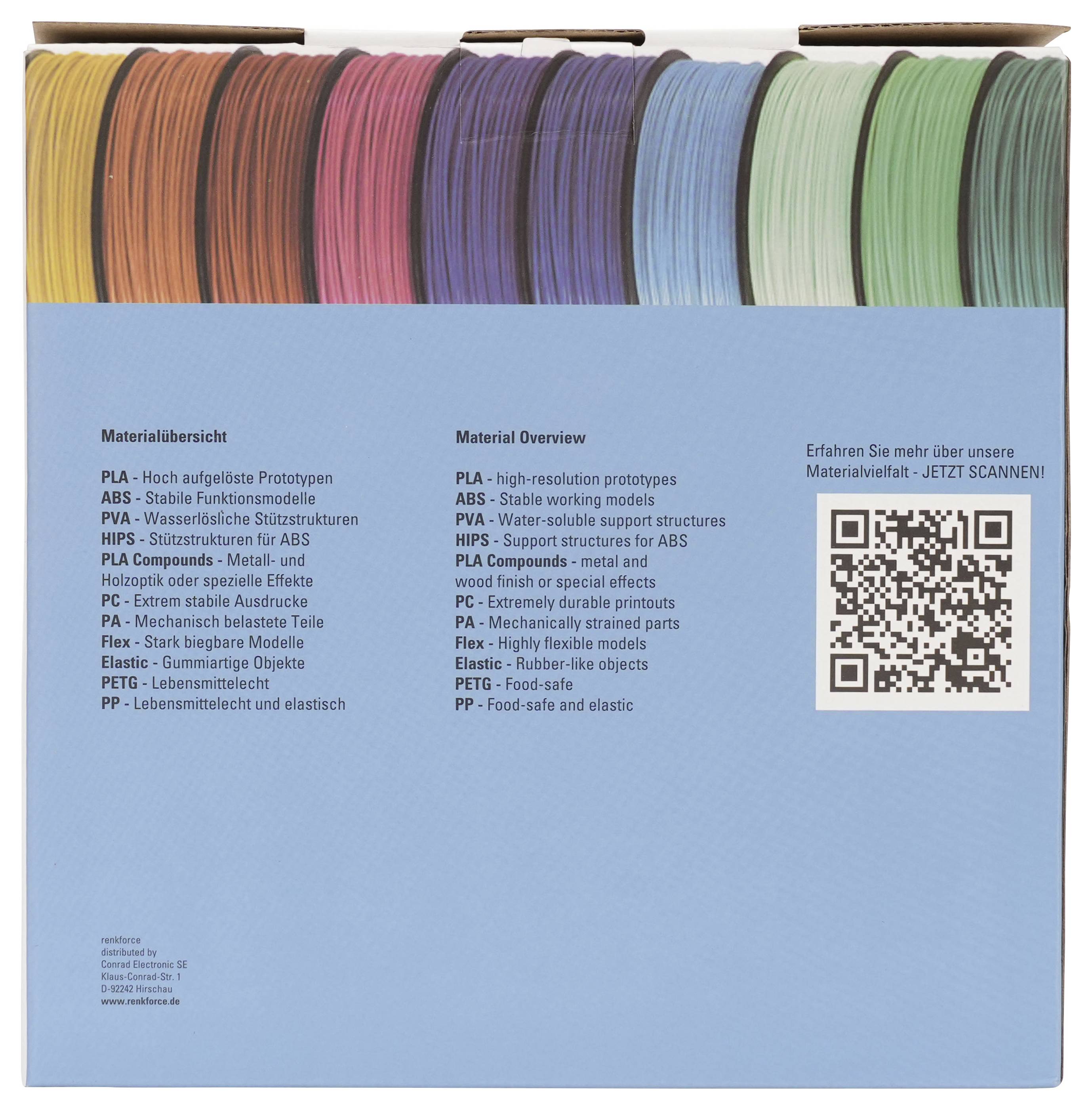Blaues Poster mit mehrfarbigen 3D-Drucker-Filamentspulen oben, mit einer Materialübersichtsliste und einem QR-Code zum Scannen für weitere Informationen.