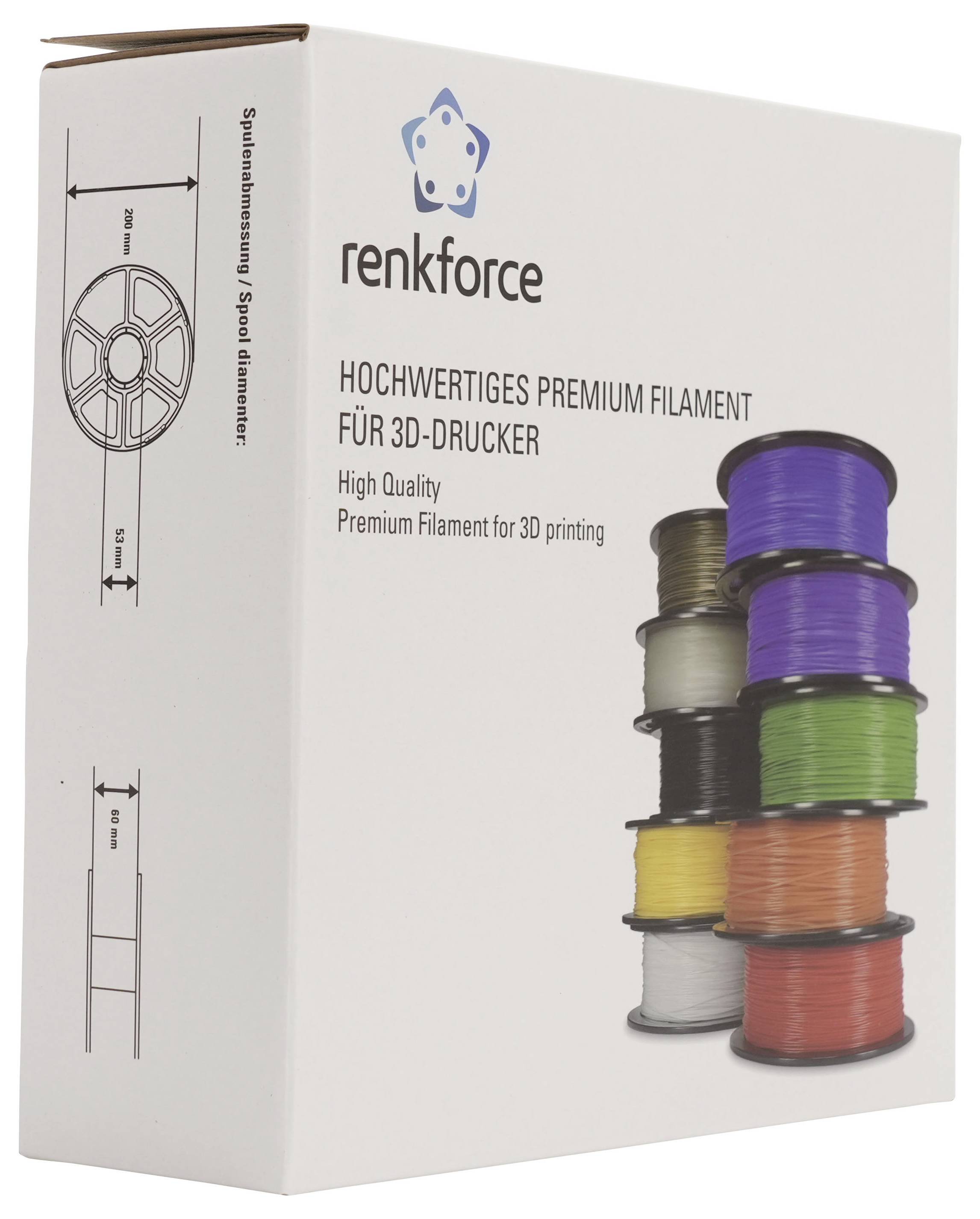 Renkforce Premium-3D-Drucker-Filament-Box mit gestapelten farbigen Filamentspulen und aufgedruckten Spulendimensionen auf der Seite.