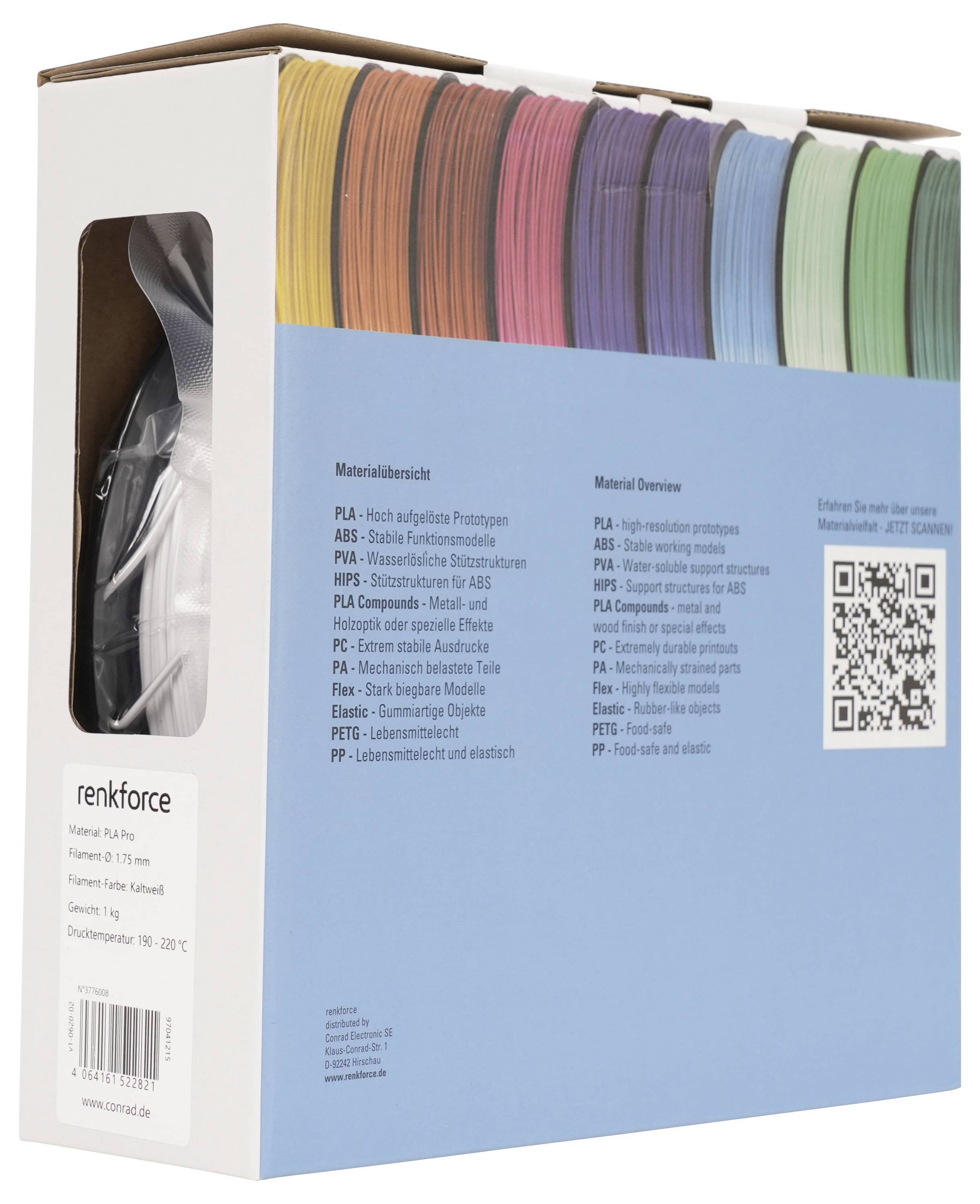 Karton mit renkforce PLA+ Filamentspulen für 3D-Drucker, die mehrfarbige Filamente, Materialübersichtstext und einen QR-Code zeigen.