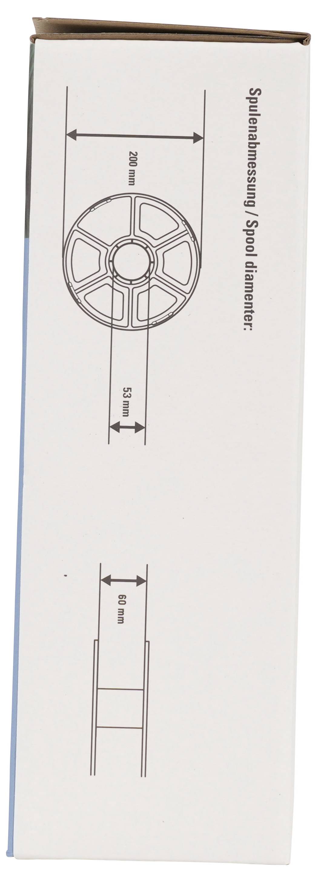 Kastenschema zeigt Spulenabmessungen: 250 mm Hauptradgröße, 25 mm Nabbrenite und 60 mm Rollbreite, gekennzeichnet als "Spulenabmessung / Spulendurchmesser".