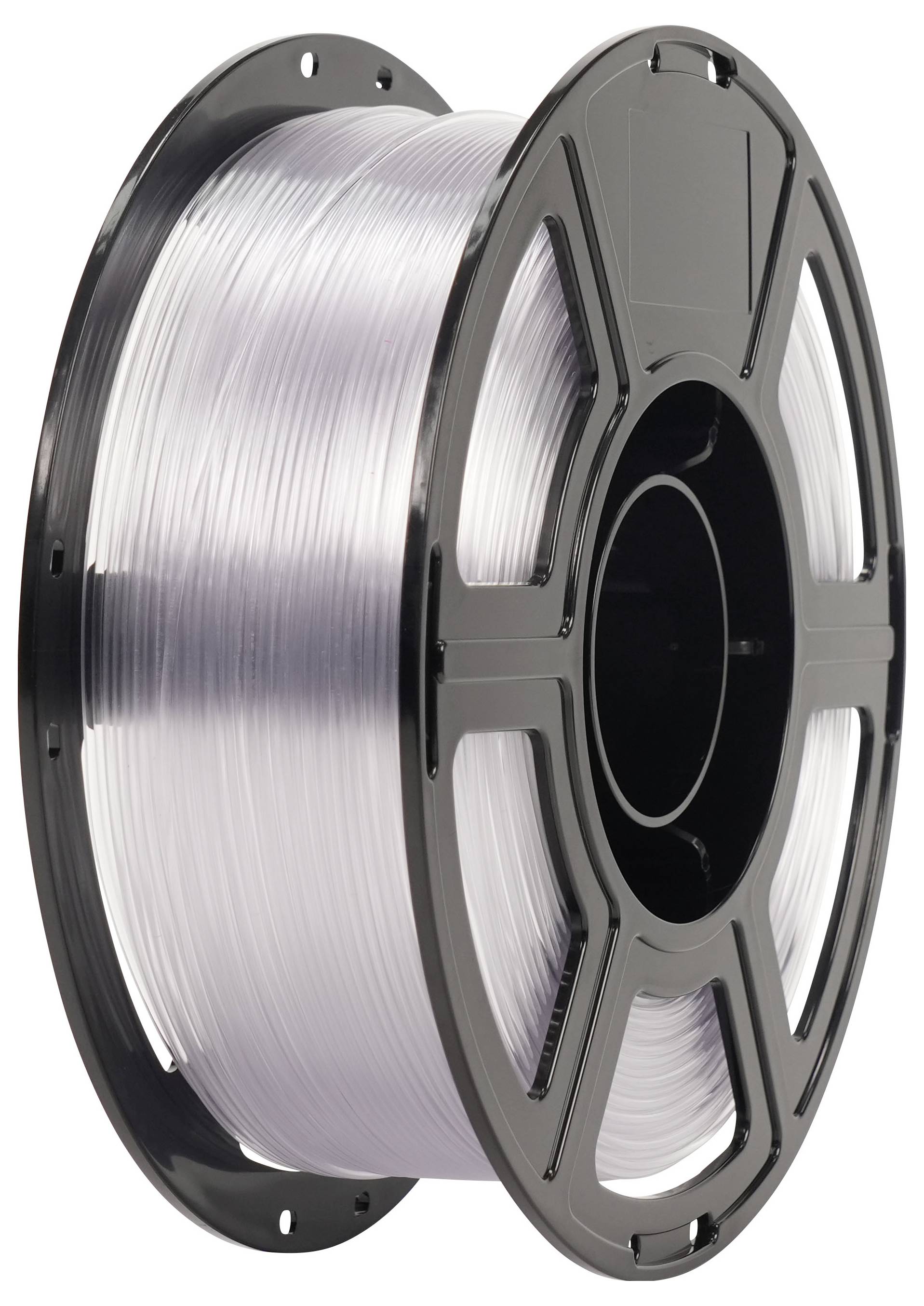 Spule aus durchsichtigem 3D-Druckfilament auf einer schwarzen Kunststoffspule aufgewickelt.