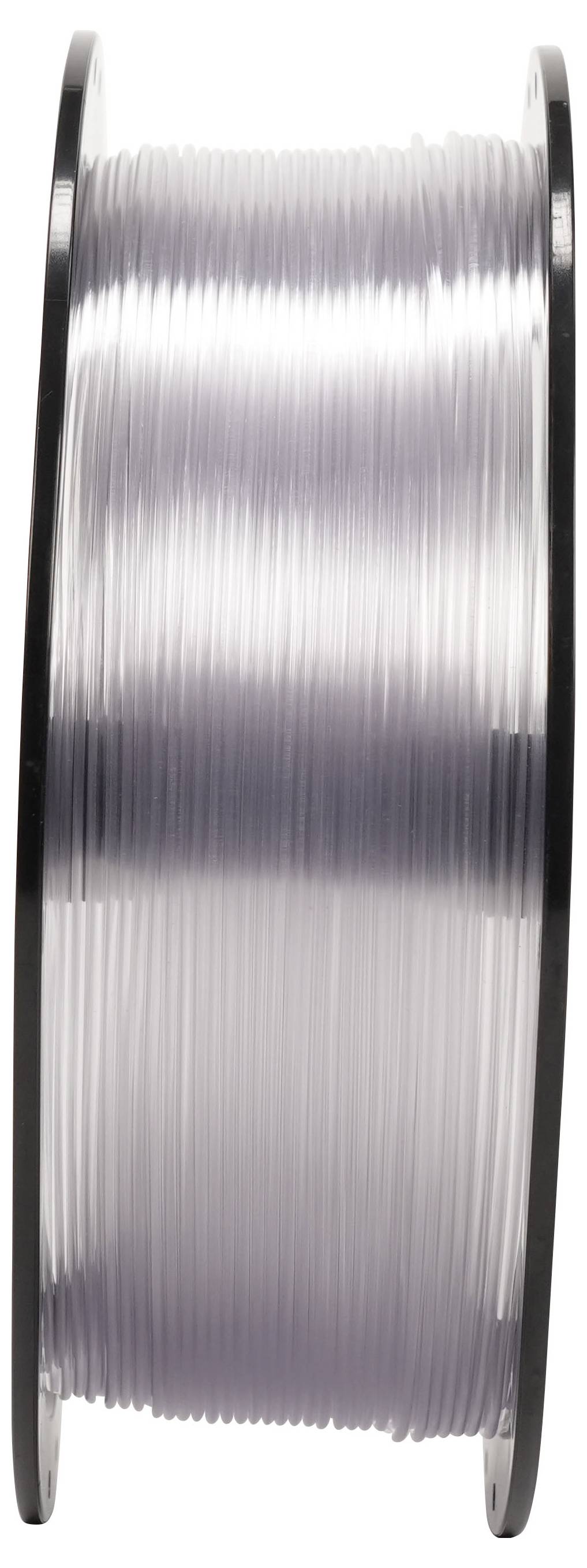 Spule mit durchsichtigem Filament, das auf eine Rolle aufgewickelt ist, in Seitenansicht vor weißem Hintergrund dargestellt.